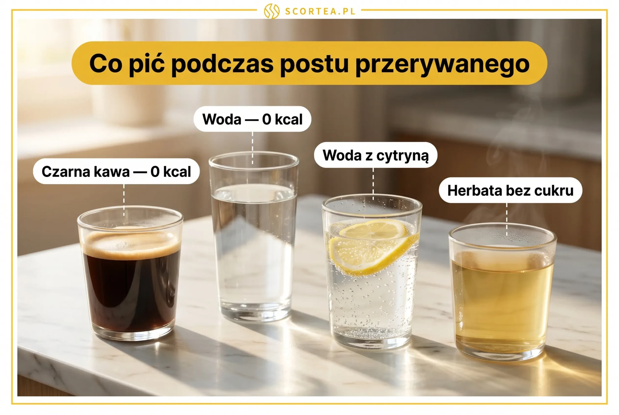 Napoje dozwolone podczas postu przerywanego: czarna kawa, woda, woda z cytryną i herbata bez cukru, każdy ma 0 kcal i nie przerywa postu
