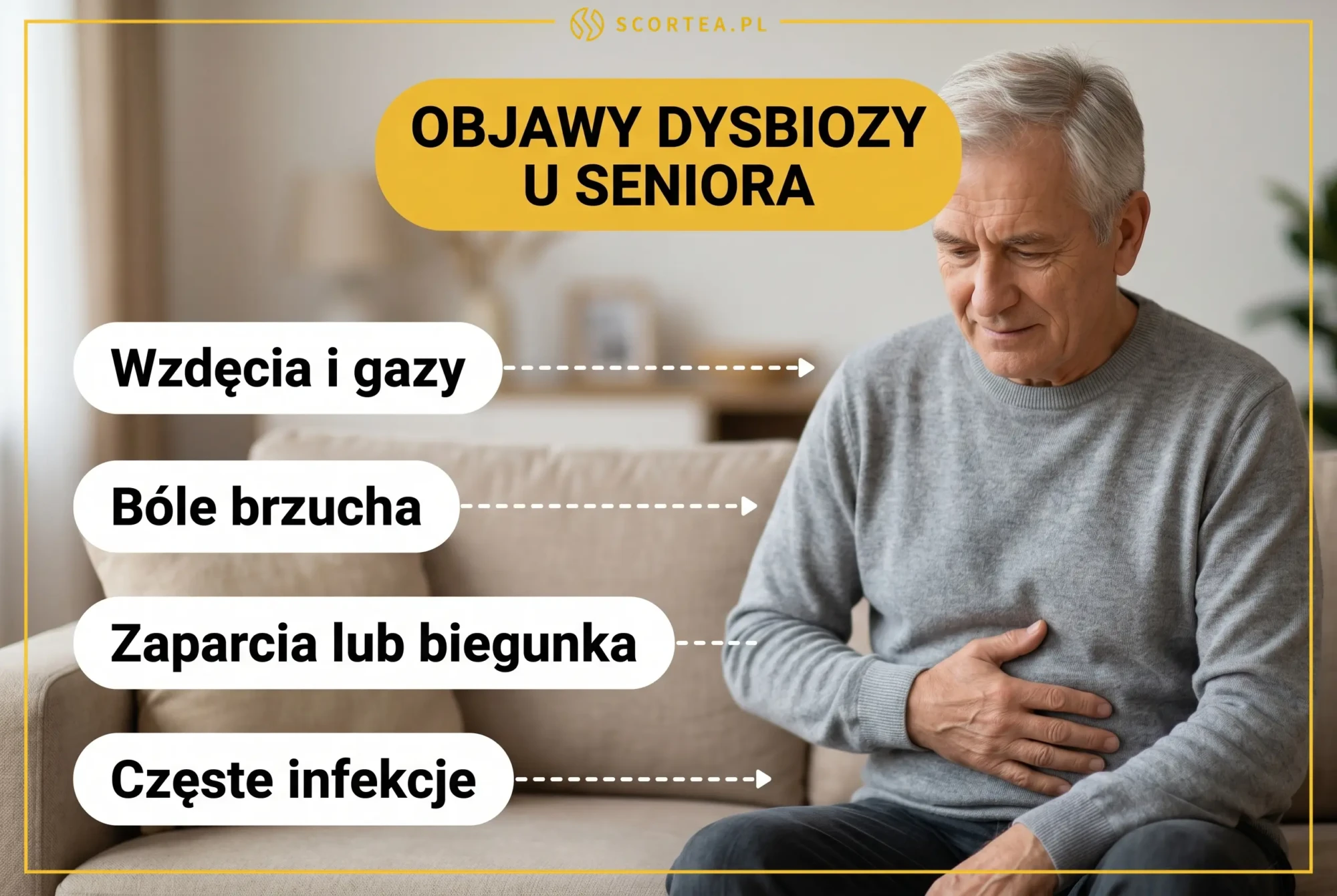 Dysbioza jelitowa u seniora i jej objawy: wzdęcia, bóle brzucha, zaparcia lub biegunka oraz częste infekcje