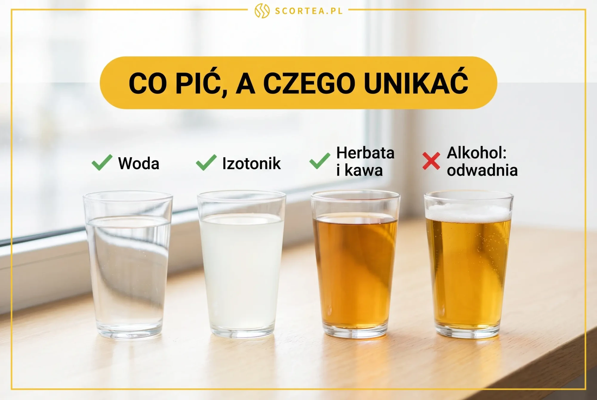 Cztery szklanki napojów w rzędzie: woda, izotonik, herbata i kawa oznaczone na zielono jako dobry wybór przy odwodnieniu, alkohol na czerwono bo odwadnia