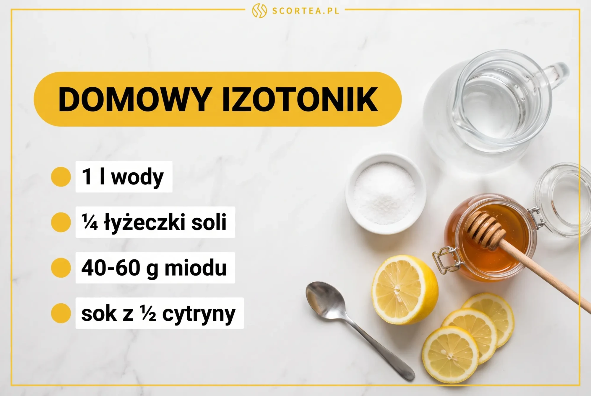 Przepis na domowy izotonik z elektrolitami: woda, sól, miód i sok z cytryny w proporcjach na 1 litr