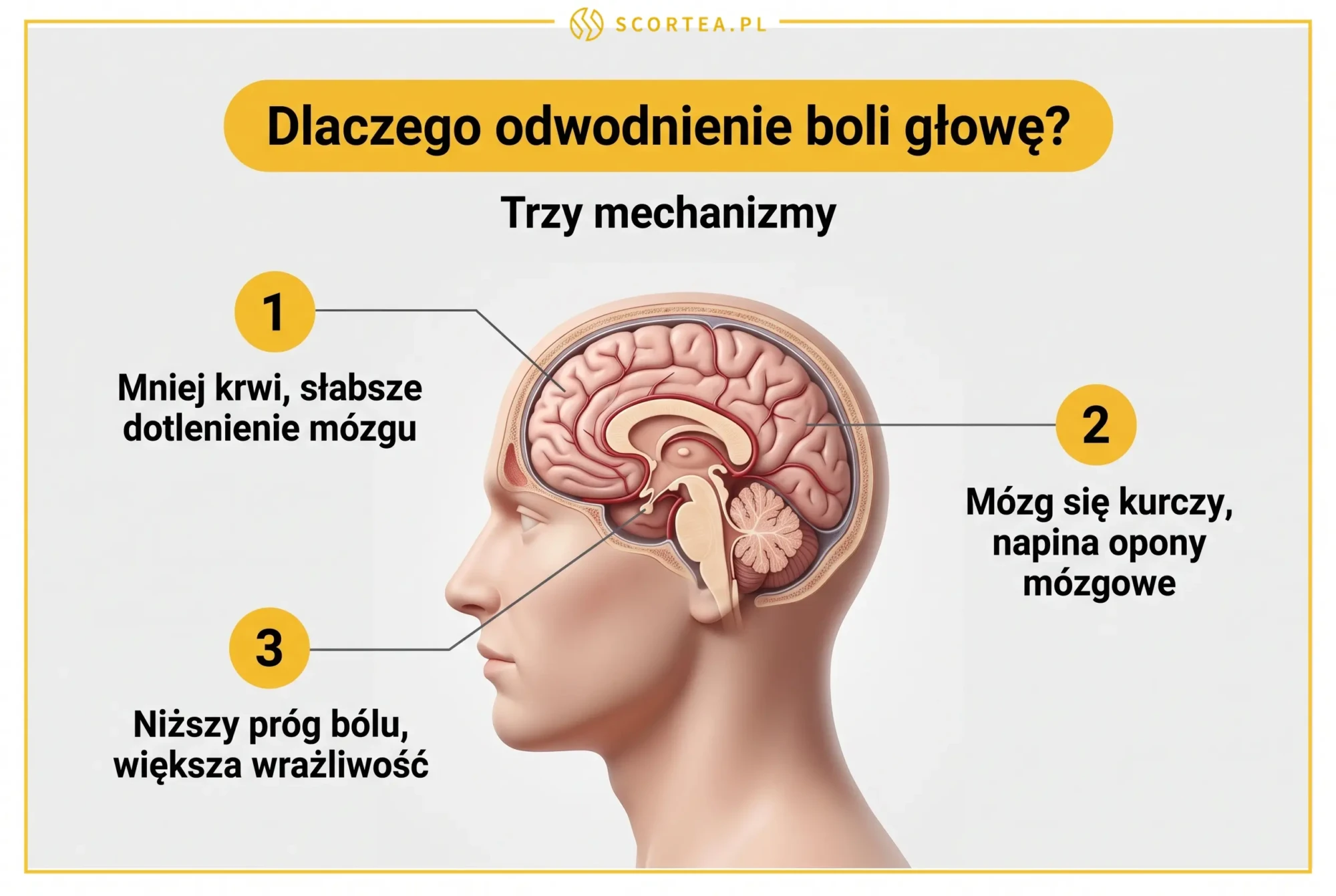 Infografika: trzy mechanizmy bólu głowy przy odwodnieniu - mniejsza objętość krwi i gorsze dotlenienie mózgu, kurczenie się mózgu napinające opony mózgowe oraz obniżony próg bólu, na tle przekroju ludzkiej głowy.