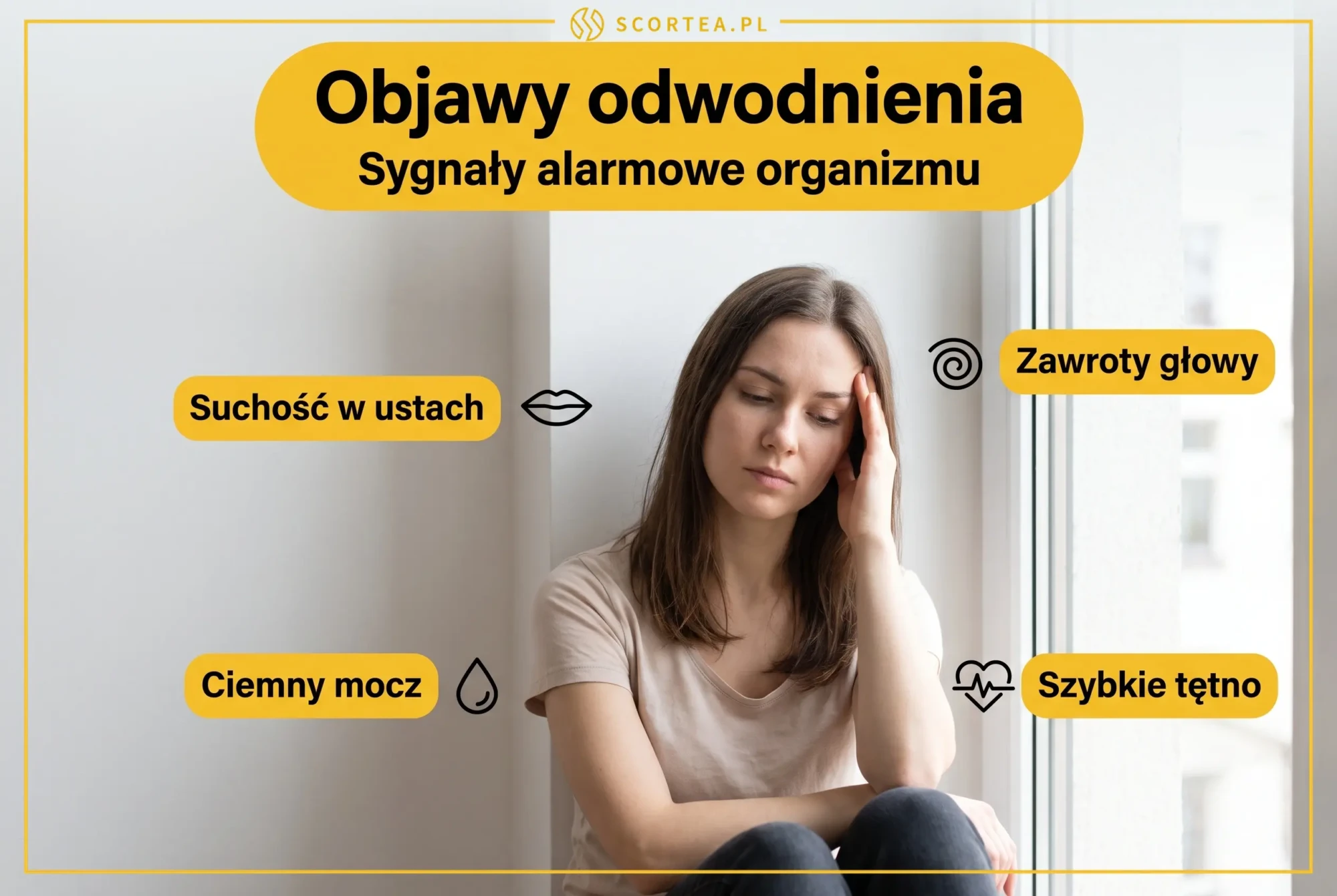 Infografika: objawy odwodnienia jako sygnały alarmowe organizmu - suchość w ustach, zawroty głowy, ciemny mocz i szybkie tętno, obok zmęczonej kobiety trzymającej się za skroń.