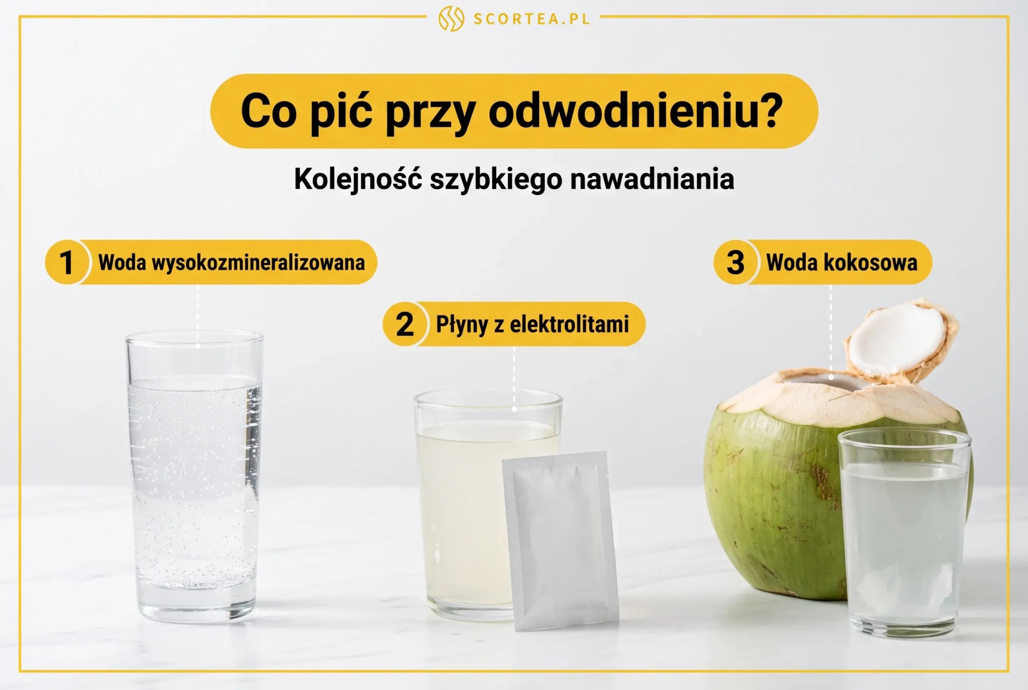 Infografika: co pić przy odwodnieniu i w jakiej kolejności - woda wysokozmineralizowana, płyny z elektrolitami oraz woda kokosowa, pokazane jako szklanki napojów i otwarty kokos.
