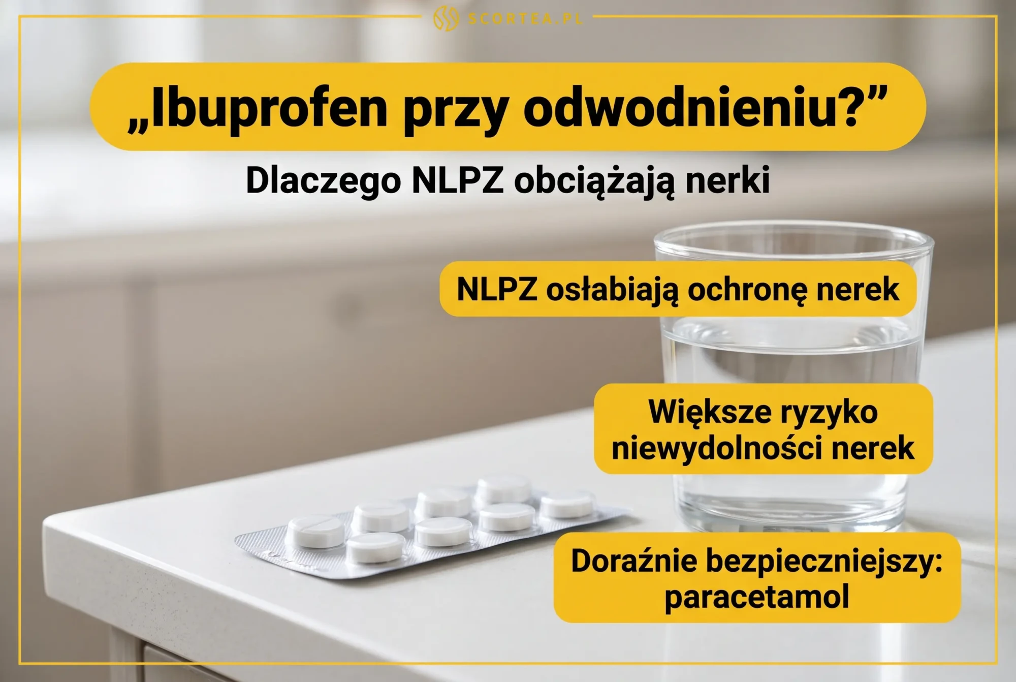 Infografika: dlaczego NLPZ takie jak ibuprofen obciążają nerki przy odwodnieniu - osłabiają ochronę nerek, zwiększają ryzyko niewydolności nerek, a doraźnie bezpieczniejszy jest paracetamol; w tle blister tabletek i szklanka wody.