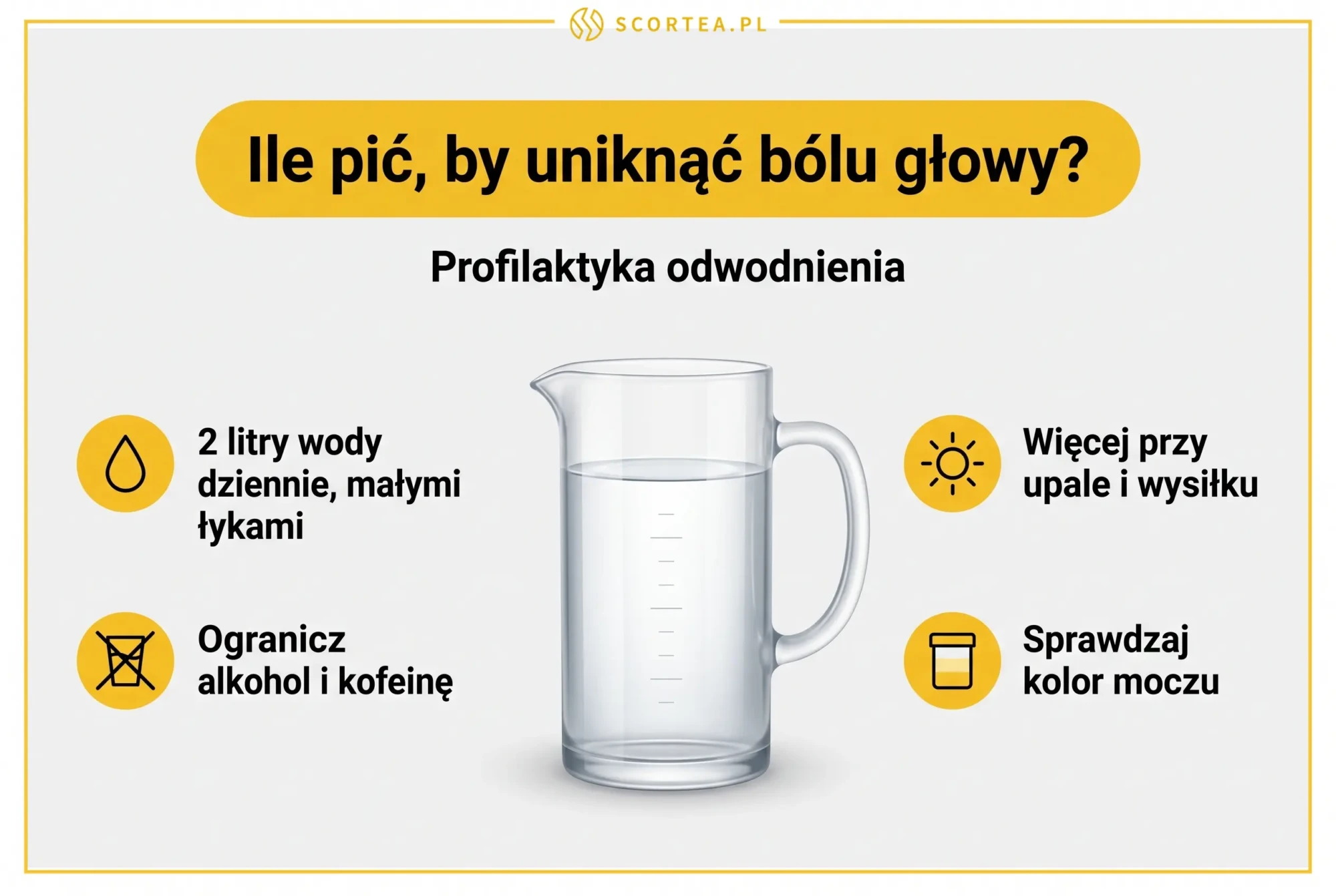 Infografika: profilaktyka bólów głowy i odwodnienia - około 2 litrów wody dziennie małymi łykami, więcej przy upale i wysiłku, ograniczenie alkoholu i kofeiny oraz kontrola koloru moczu; w centrum dzbanek z wodą.