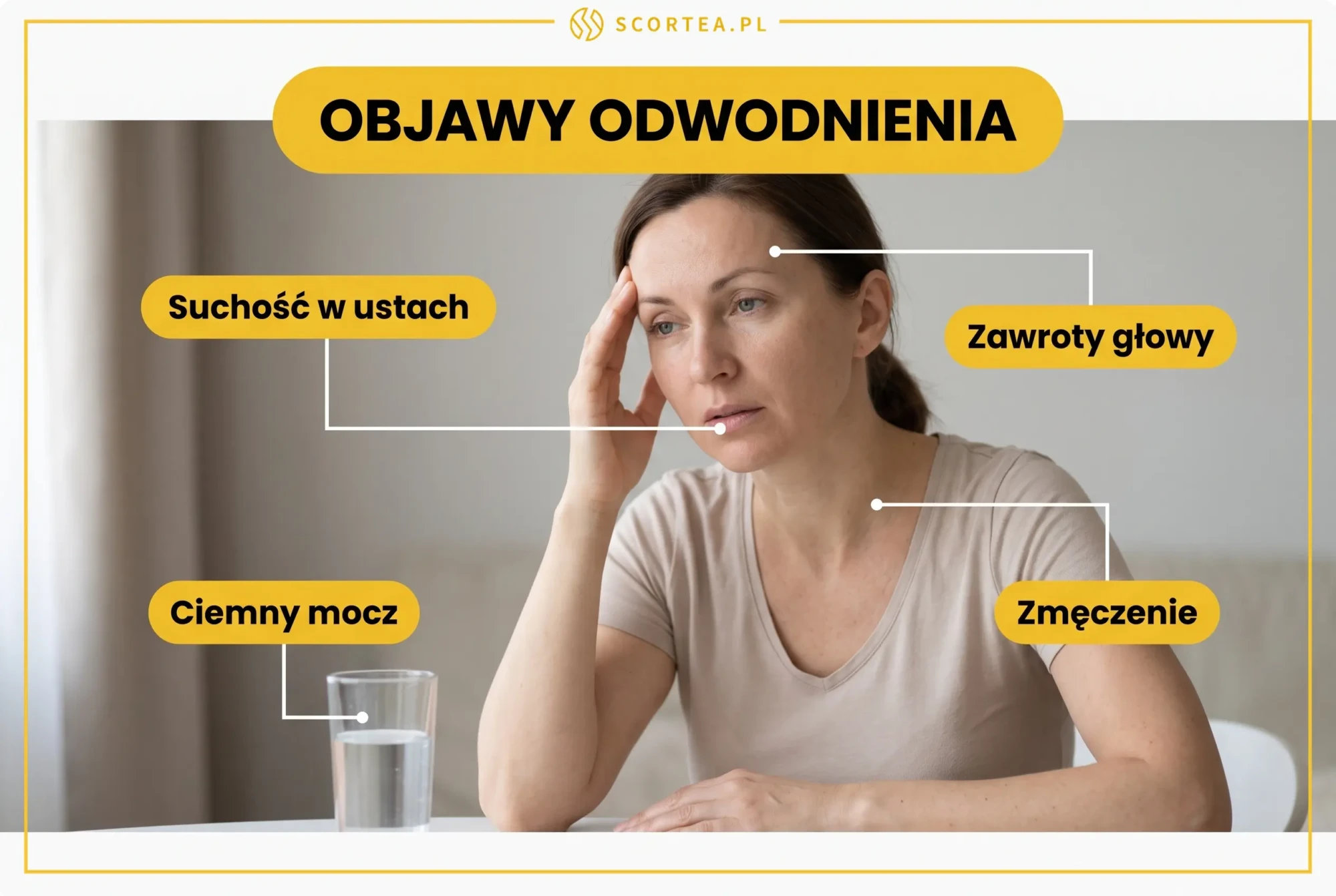 Kobieta z objawami odwodnienia, z opisami wskazującymi suchość w ustach, zawroty głowy, ciemny mocz i zmęczenie.