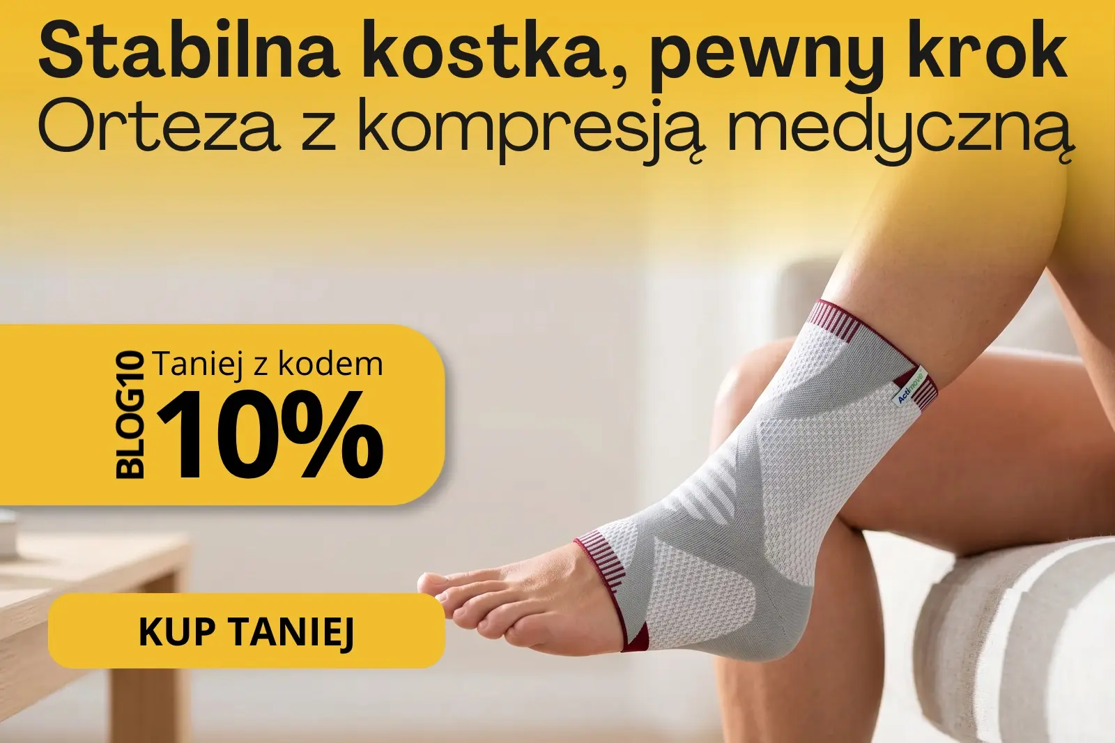 Orteza stawu skokowego z kompresją medyczną, baner promocyjny z kodem rabatowym BLOG10 na 10% taniej w Scortea