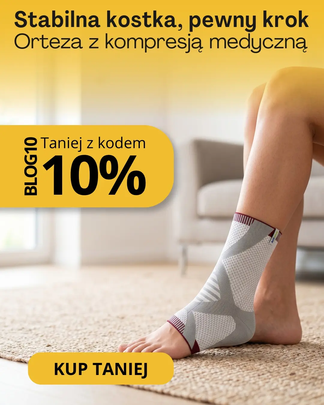 Orteza stawu skokowego z kompresją medyczną, baner promocyjny z kodem rabatowym BLOG10 na 10% taniej w Scortea