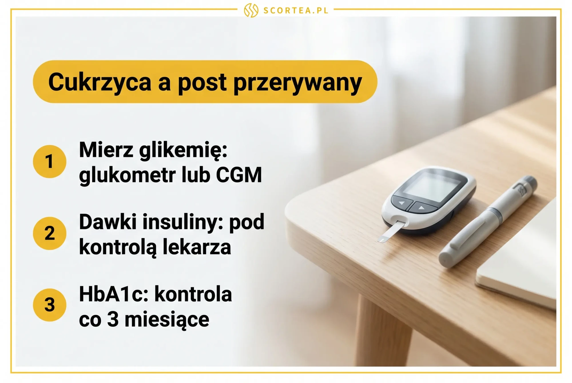 Infografika: cukrzyca a post przerywany - trzy filary bezpieczeństwa: pomiar glikemii glukometrem lub CGM, modyfikacja dawek insuliny pod kontrolą lekarza i kontrola HbA1c co trzy miesiące