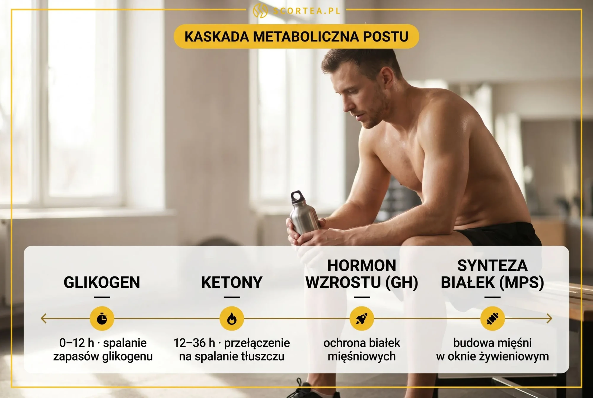 Infografika kaskada metaboliczna postu przerywanego na osi czasu: glikogen 0-12 h, ketony 12-36 h, hormon wzrostu i synteza białek mięśniowych MPS
