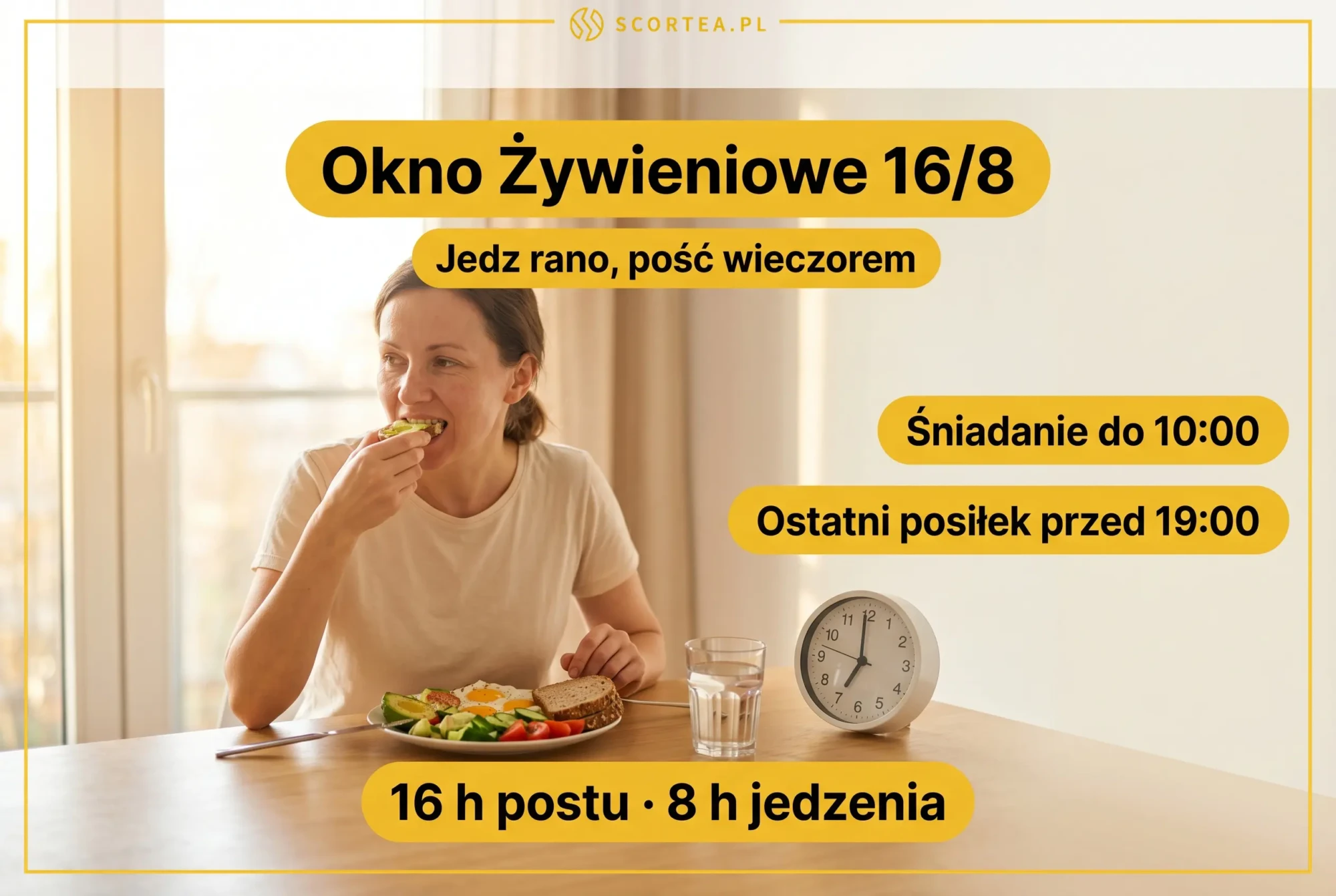 Kobieta jedząca zdrowe śniadanie rano przy zegarze, infografika okna żywieniowego 16/8 w insulinooporności