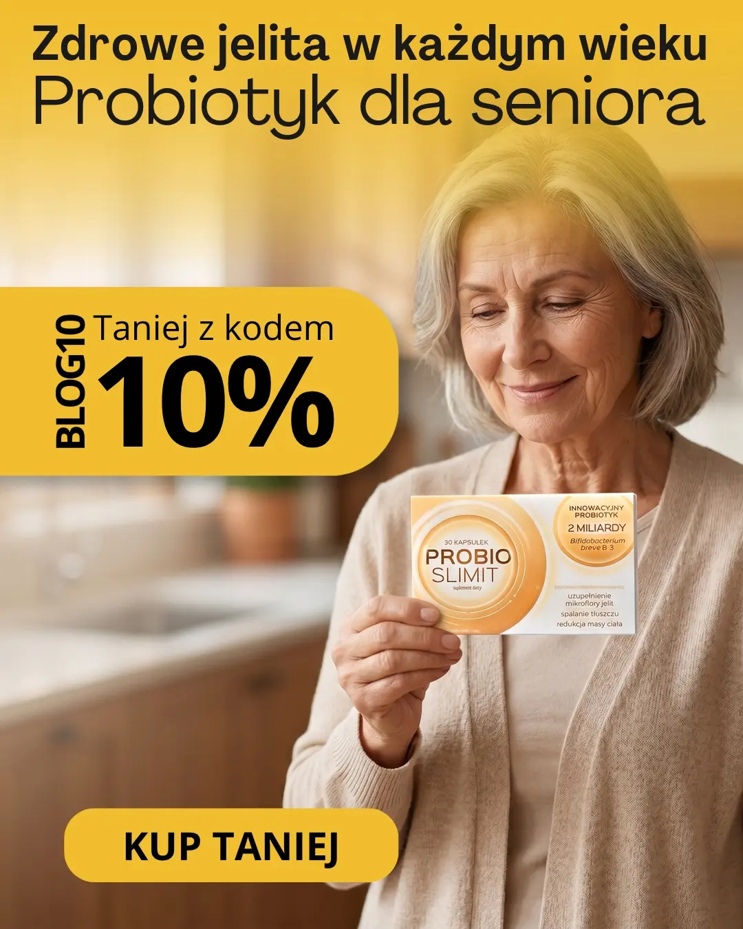 ProbioSlimit Bifidobacterium Breve-B3, probiotyk dla seniora, baner promocyjny z kodem rabatowym BLOG10 na 10% taniej w Scortea