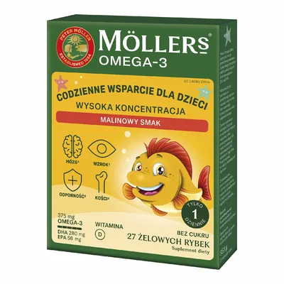 Moller's Omega-3 Rybki Wysoka Koncentracja Malinowe Żelki Tran 27 Sztuk
