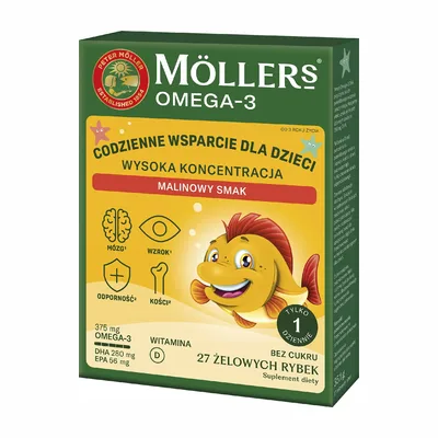 Moller's Omega-3 Rybki Wysoka Koncentracja Malinowe Żelki Tran 27 Sztuk