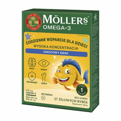 Moller's Omega-3 Rybki Wysoka Koncentracja Owocowe Żelki Tran 27 Sztuk