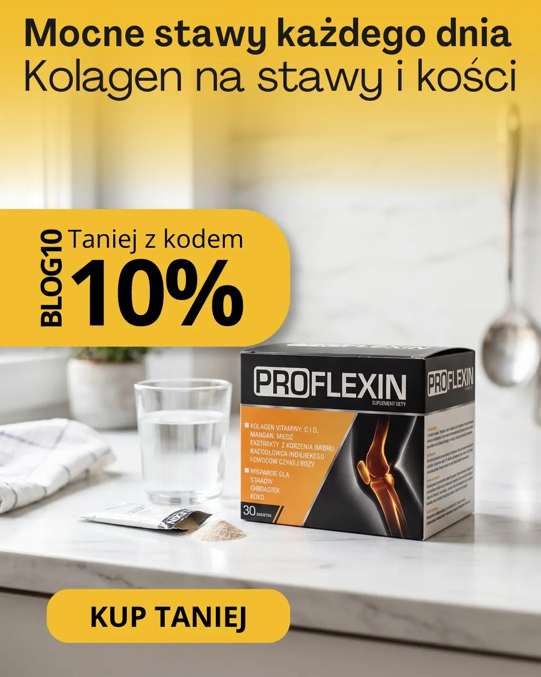 Proflexin Kolagen na zdrowe stawy i kości, 30 saszetek, baner promocyjny z kodem rabatowym BLOG10 na 10% taniej w Scortea
