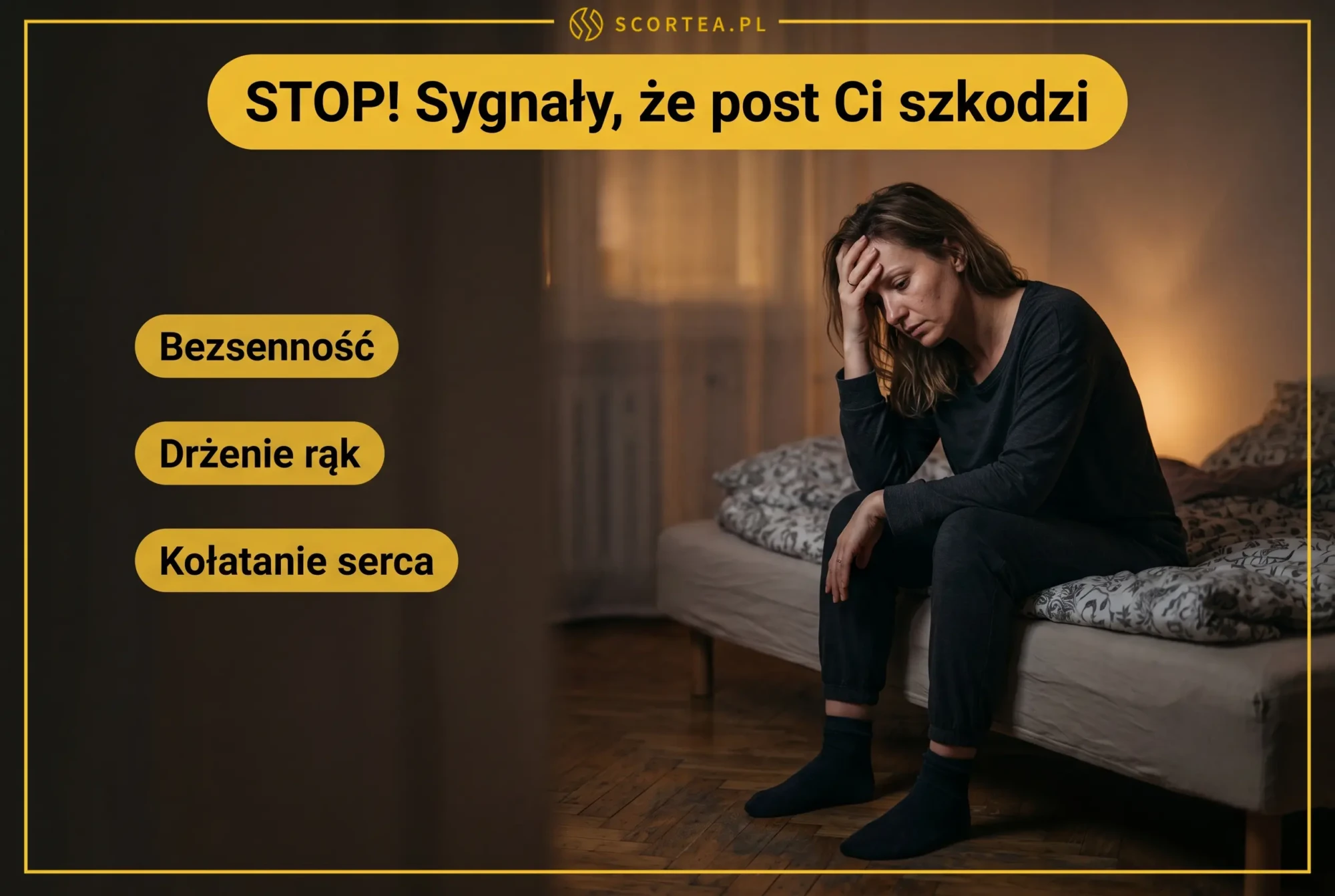 Zmęczona kobieta siedząca nocą na łóżku z dłonią na czole, obok sygnały alarmowe nakazujące przerwać post przy Hashimoto: bezsenność, drżenie rąk, kołatanie serca