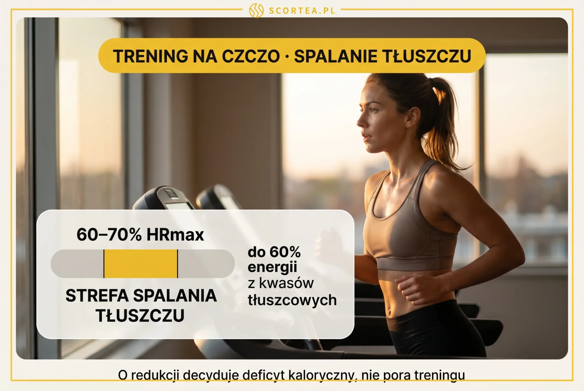 Infografika trening na czczo i strefa spalania tłuszczu 60-70% HRmax podczas postu przerywanego, do 60% energii z kwasów tłuszczowych