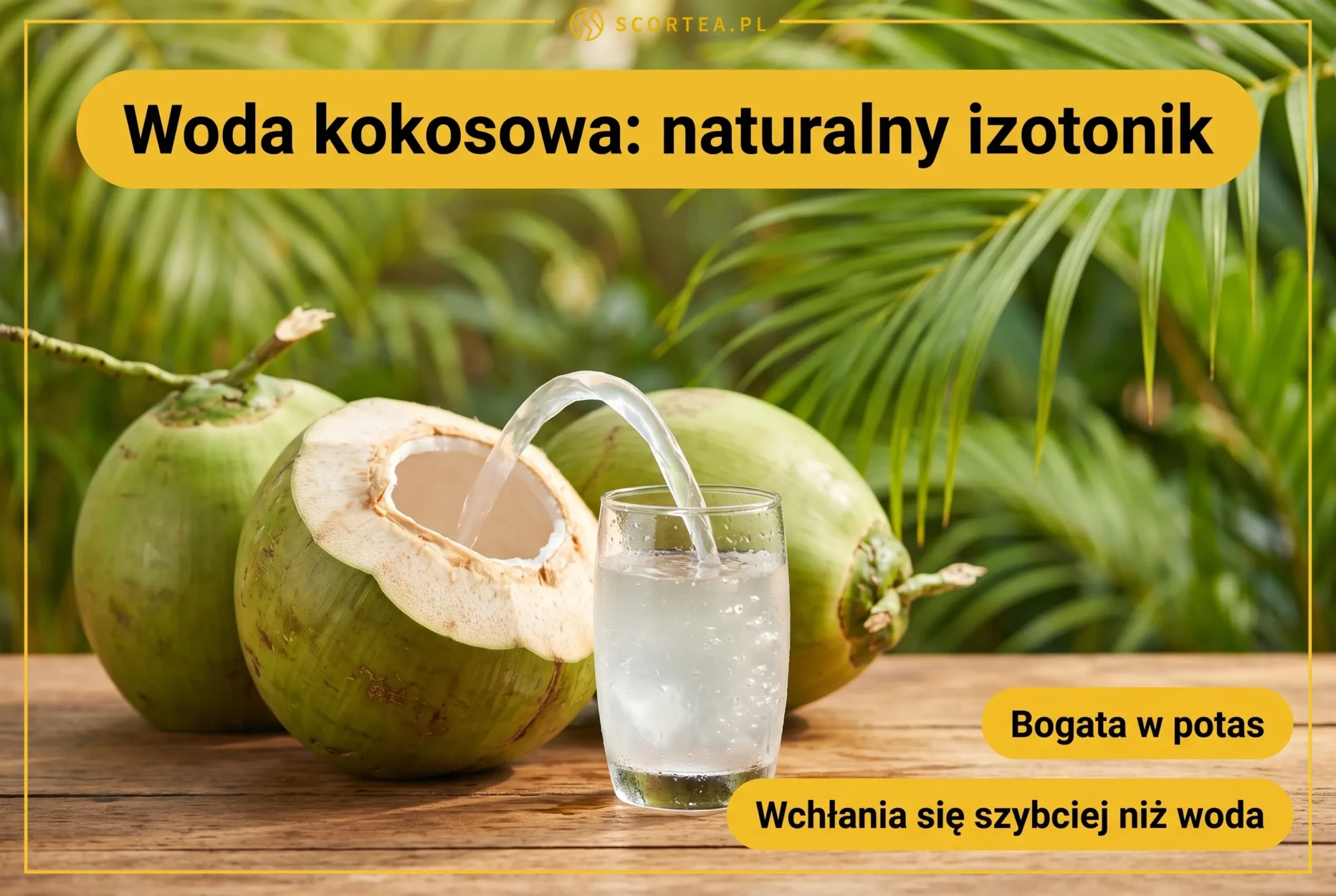 Woda kokosowa nalewana do szklanki, naturalny izotonik bogaty w potas