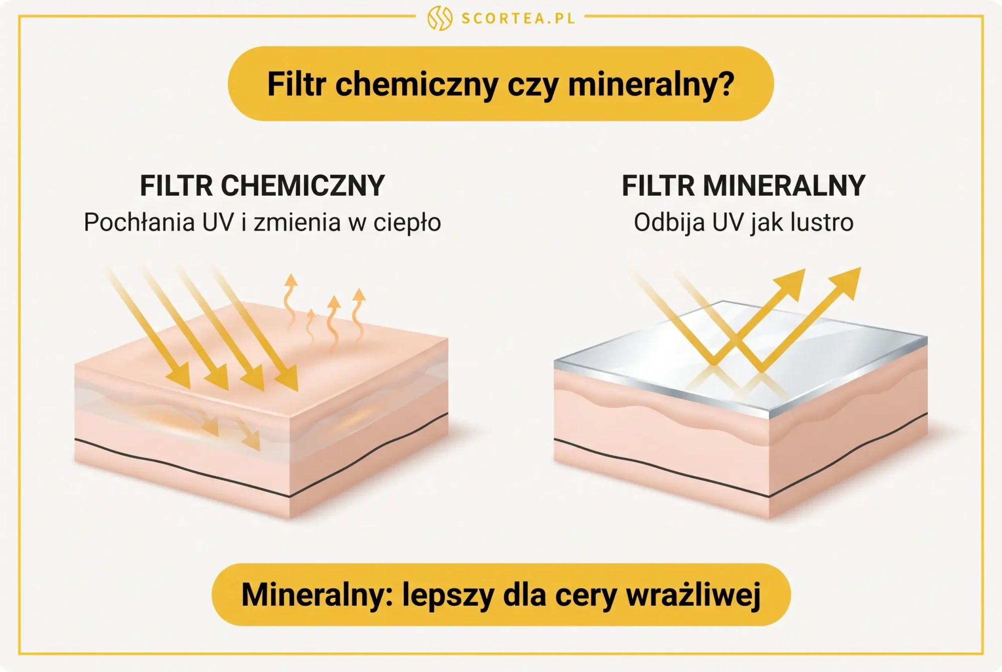 Filtr chemiczny pochłania promieniowanie UV i zamienia je w ciepło, filtr mineralny odbija UV jak lustro — mechanizm działania na przekroju skóry — infografika Scortea