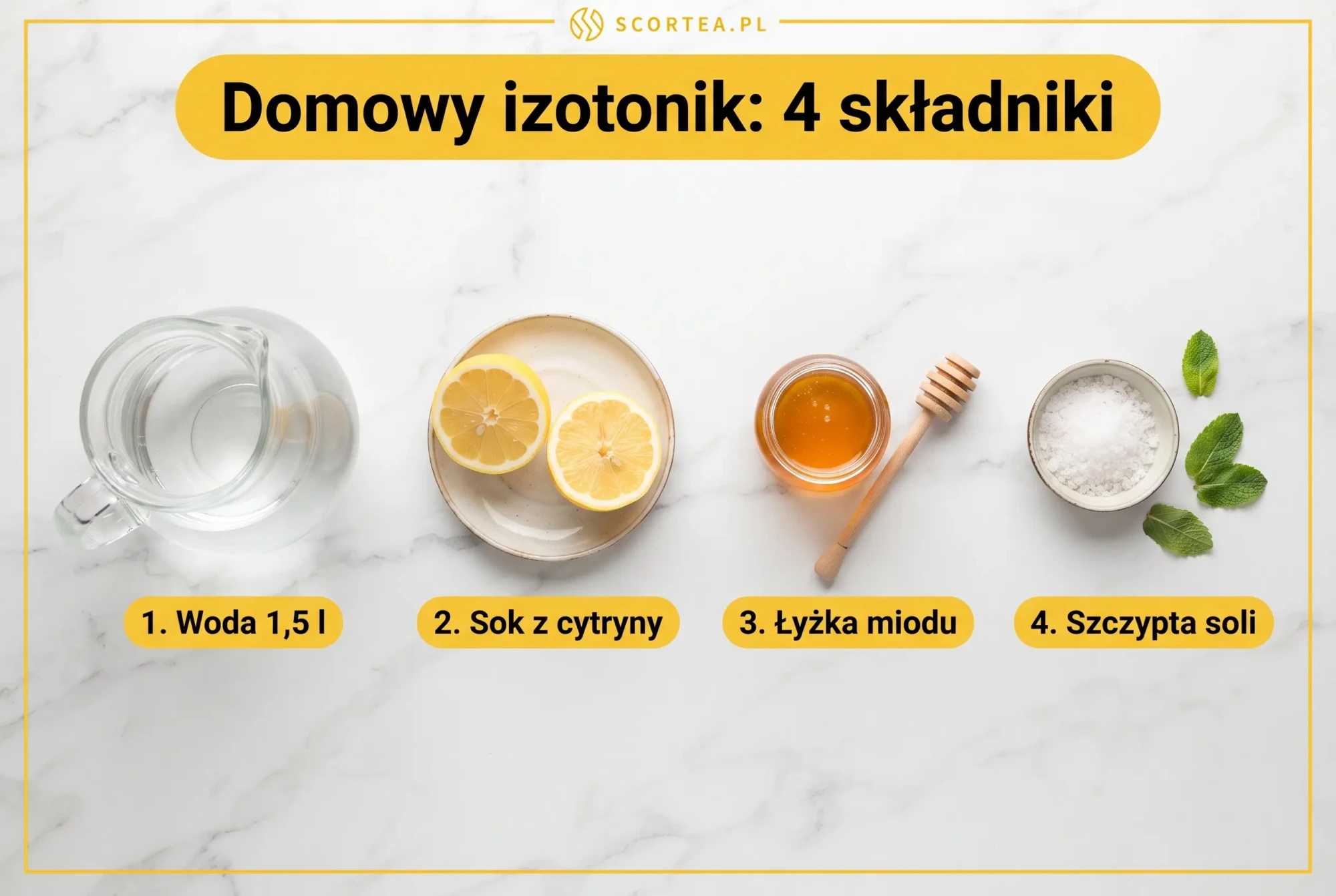 Składniki domowego izotoniku: woda, cytryna, miód i sól na marmurowym blacie