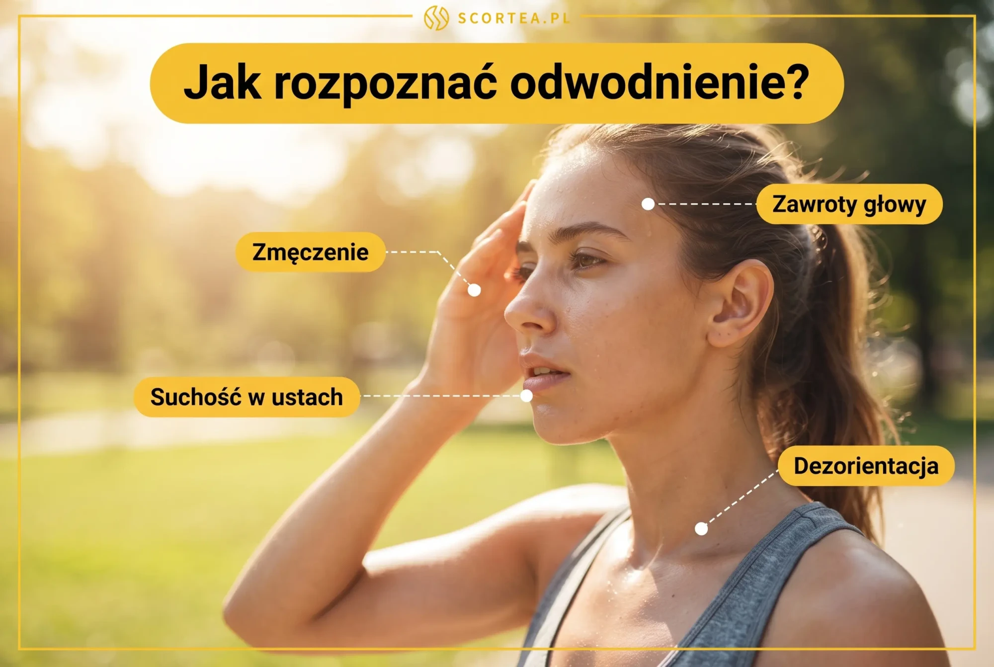 Objawy odwodnienia w upale: suchość w ustach, zmęczenie, zawroty głowy, dezorientacja