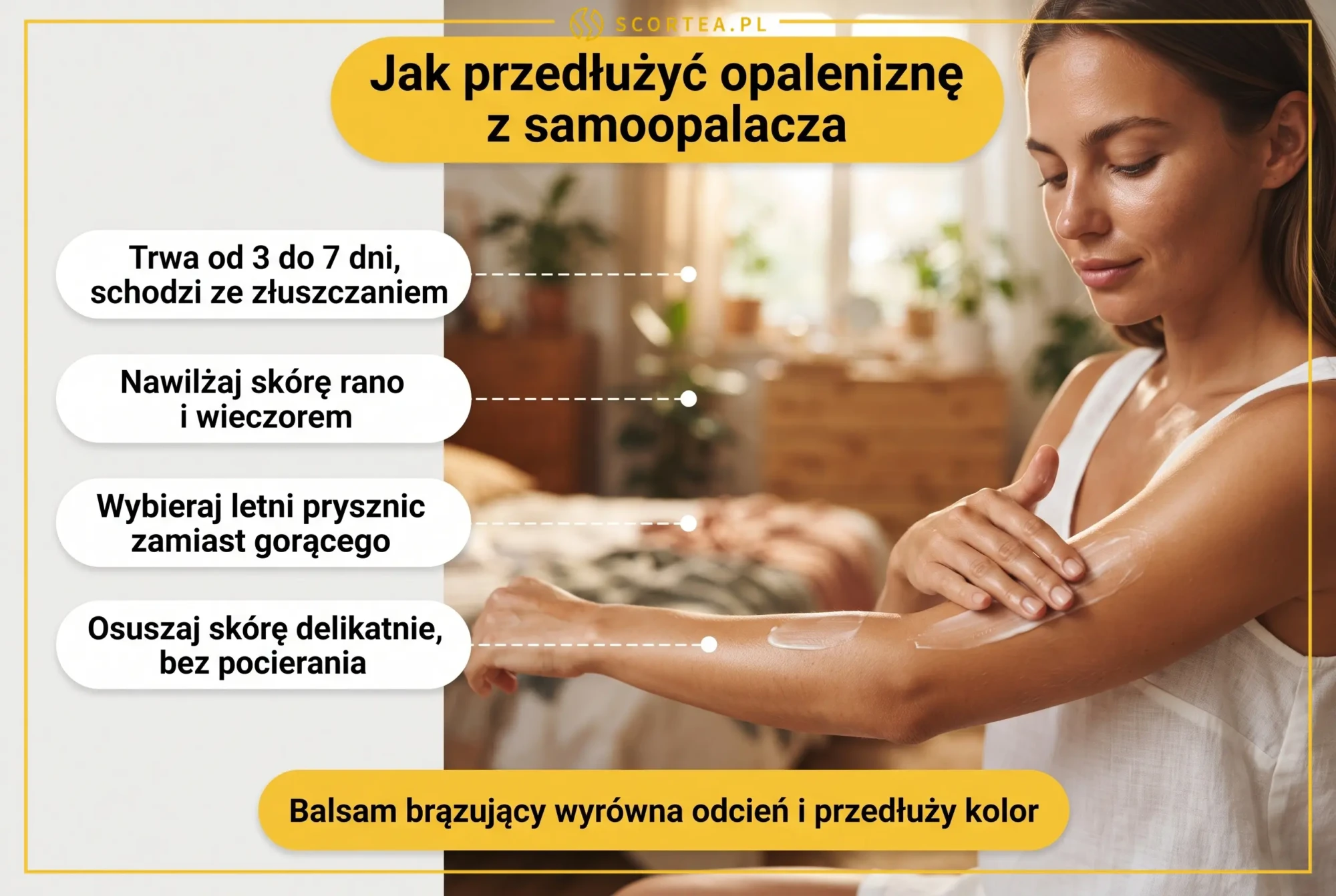 Infografika: jak przedłużyć opaleniznę z samoopalacza - nawilżanie, letni prysznic, delikatne osuszanie skóry