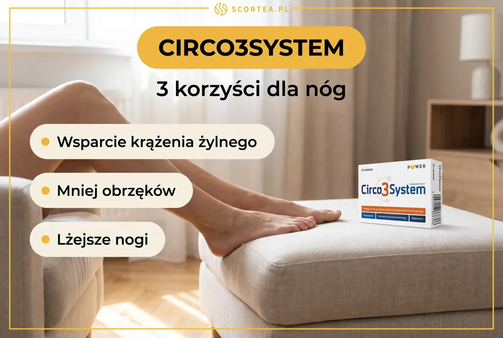 Infografika: trzy korzyści Circo3System dla nóg — wsparcie krążenia żylnego, mniej obrzęków i lżejsze nogi