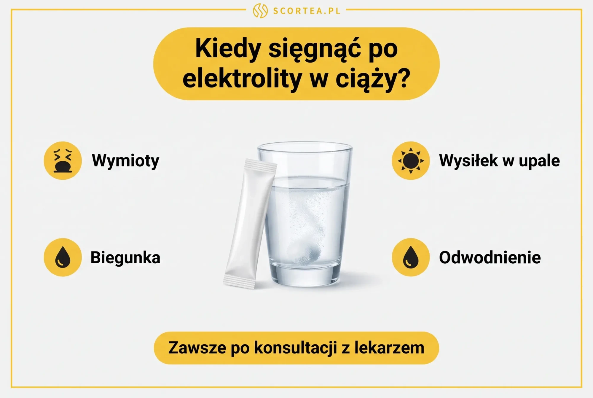 Infografika: kiedy sięgnąć po elektrolity w ciąży - wymioty, biegunka, wysiłek w upale, odwodnienie; zawsze po konsultacji z lekarzem