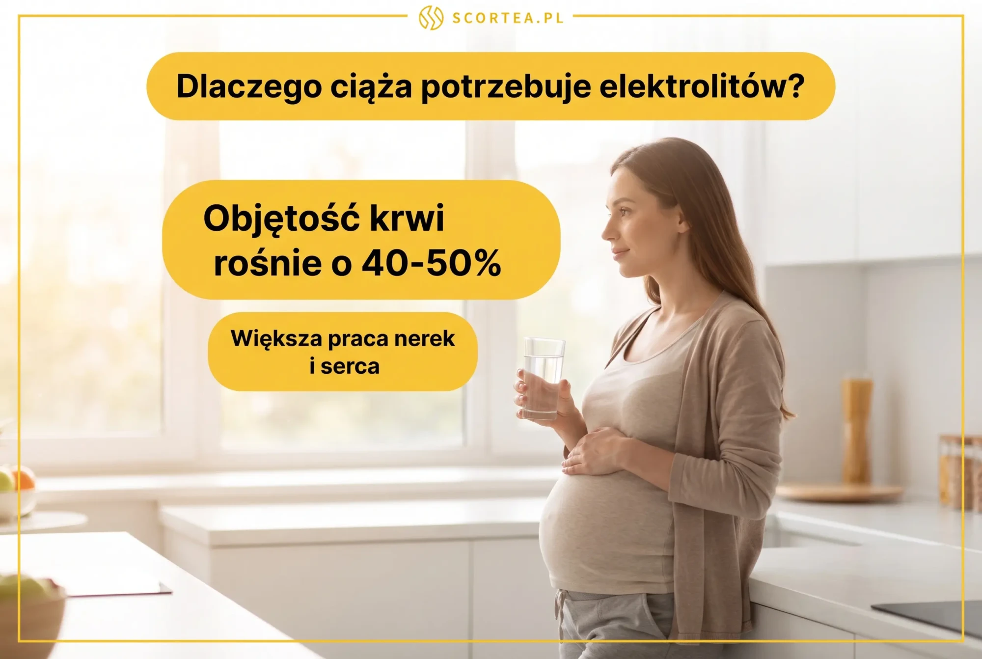 Infografika: kobieta w ciąży pije wodę, objętość krwi rośnie o 40-50 procent, większa praca nerek i serca