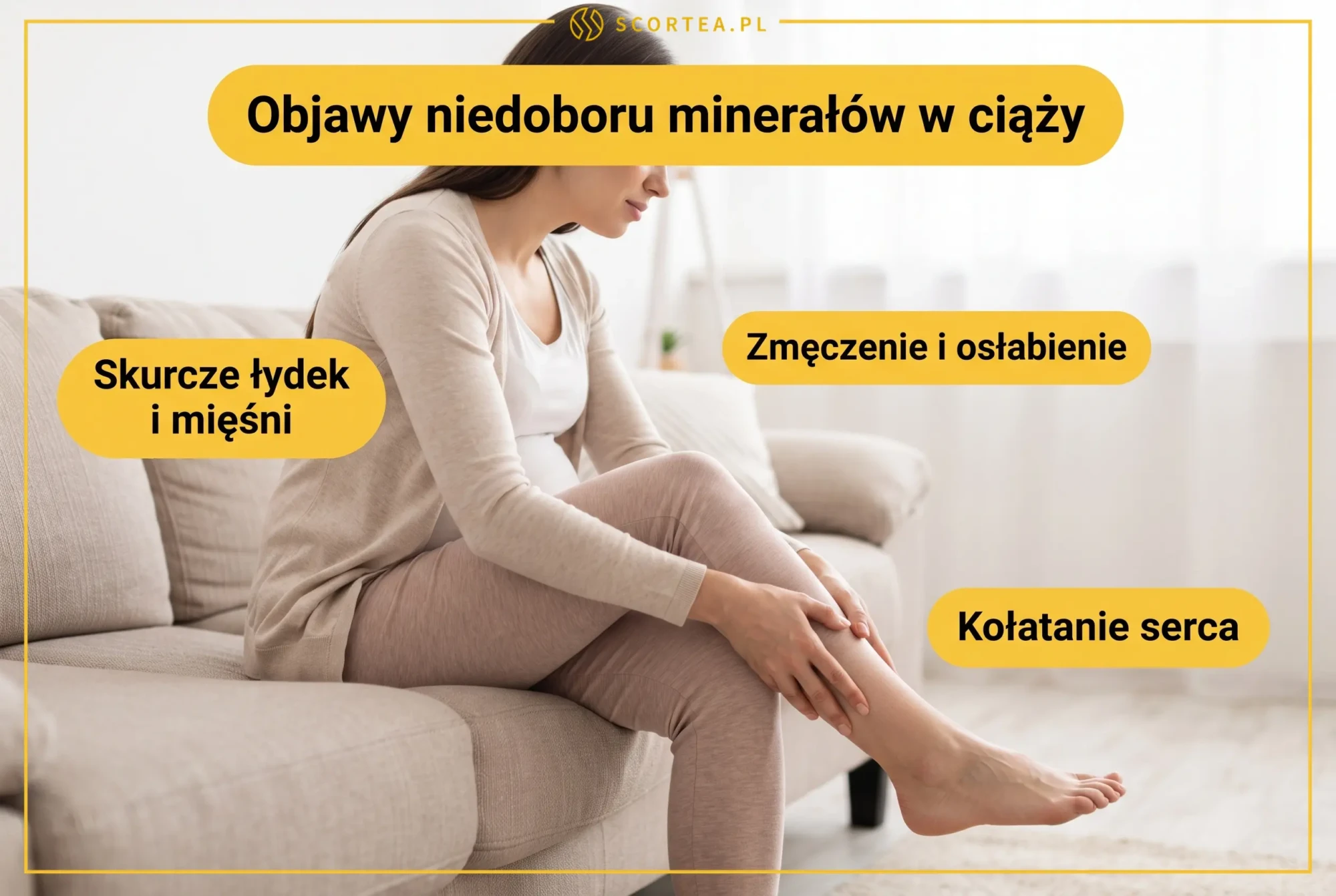 Infografika: objawy niedoboru minerałów w ciąży - skurcze łydek i mięśni, zmęczenie i osłabienie, kołatanie serca