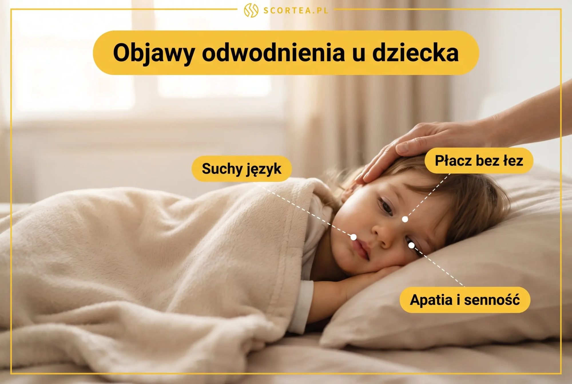 Objawy odwodnienia u dziecka na przykładzie osłabionego malucha w łóżku: suchy język, płacz bez łez oraz apatia i senność