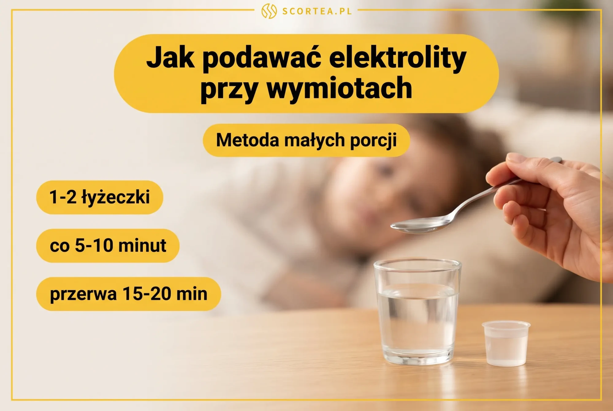 Infografika jak podawać elektrolity przy wymiotach metodą małych porcji: 1-2 łyżeczki co 5-10 minut i przerwa 15-20 minut, dłoń podająca dziecku płyn łyżeczką