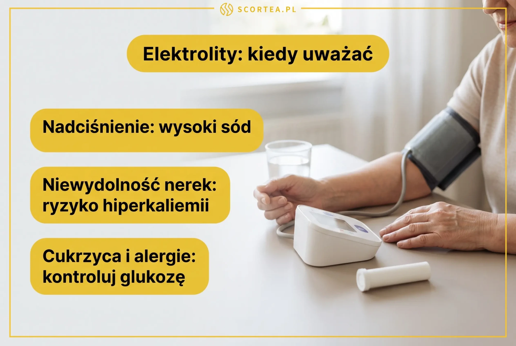 Infografika: przeciwwskazania do stosowania elektrolitów - nadciśnienie, niewydolność nerek, cukrzyca i alergie