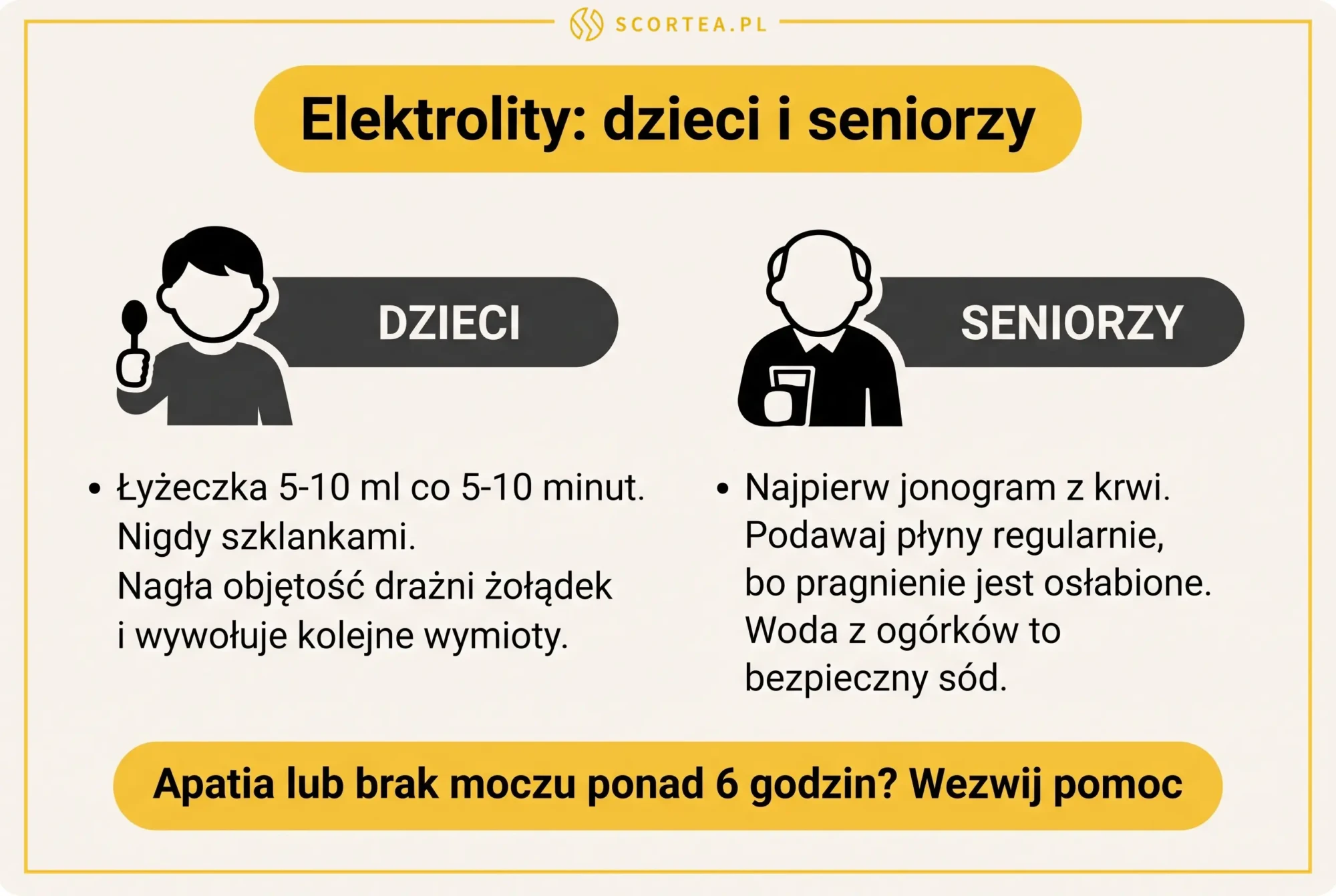 Infografika o dawkowaniu elektrolitów dla dzieci (łyżeczka co 5-10 minut) i seniorów (jonogram, regularne podawanie płynów)