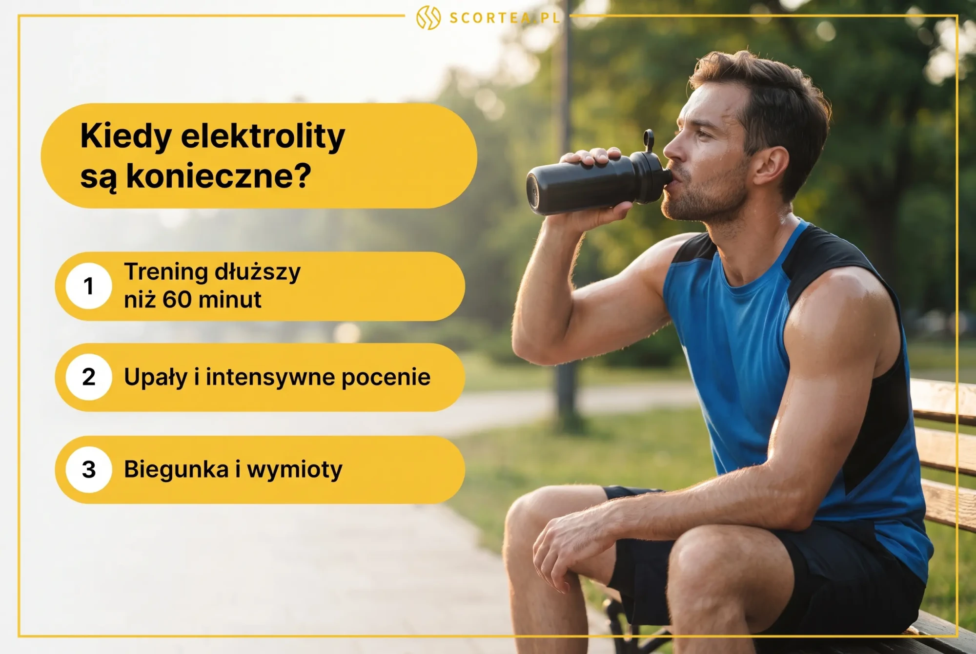 Mężczyzna po treningu pije wodę z bidonu na ławce w parku, obok lista trzech sytuacji gdy elektrolity są konieczne: trening dłuższy niż 60 minut, upały i intensywne pocenie, biegunka i wymioty