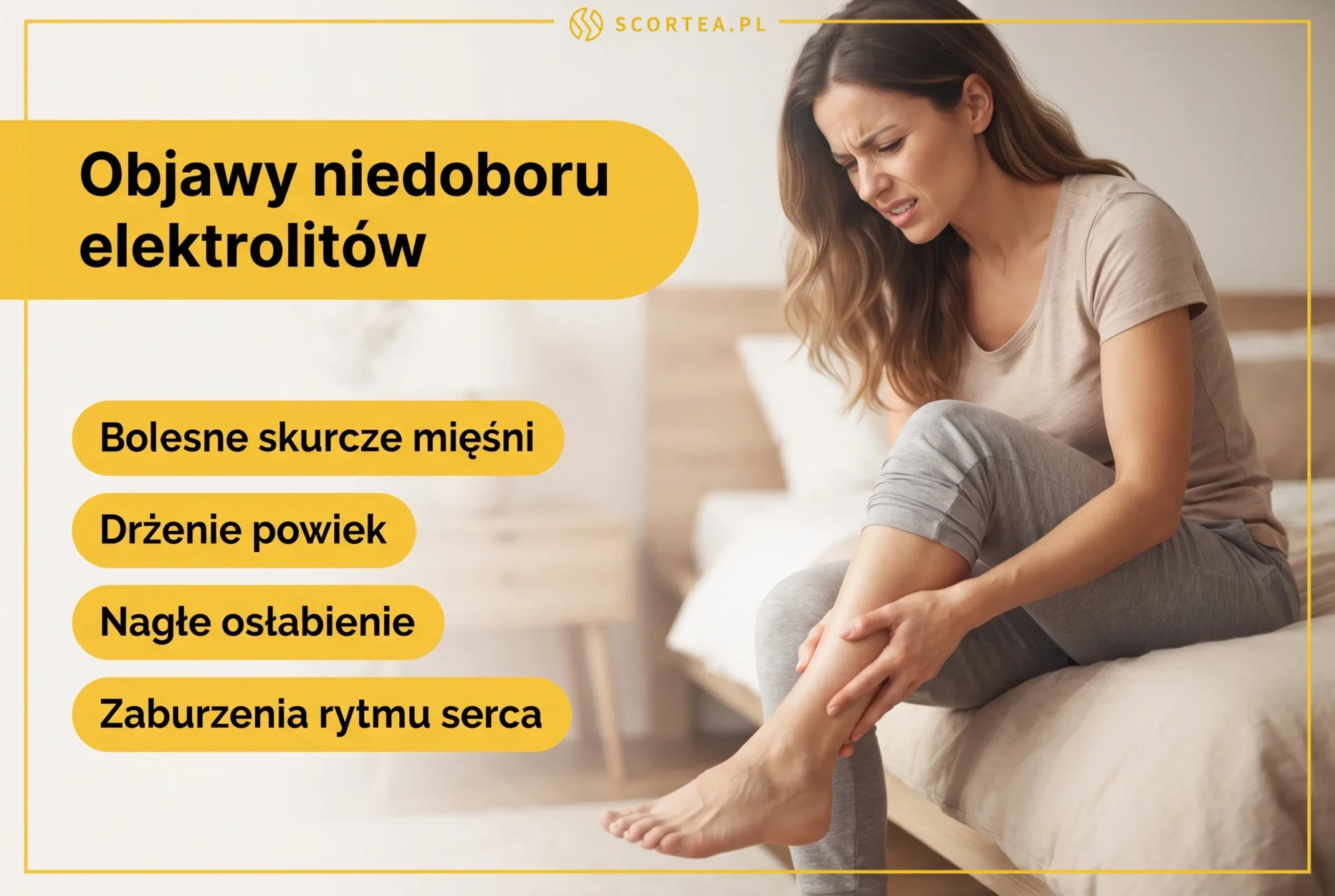 Kobieta siedząca na łóżku trzyma się za łydkę z powodu bolesnego skurczu, obok lista objawów niedoboru elektrolitów: bolesne skurcze mięśni, drżenie powiek, nagłe osłabienie, zaburzenia rytmu serca