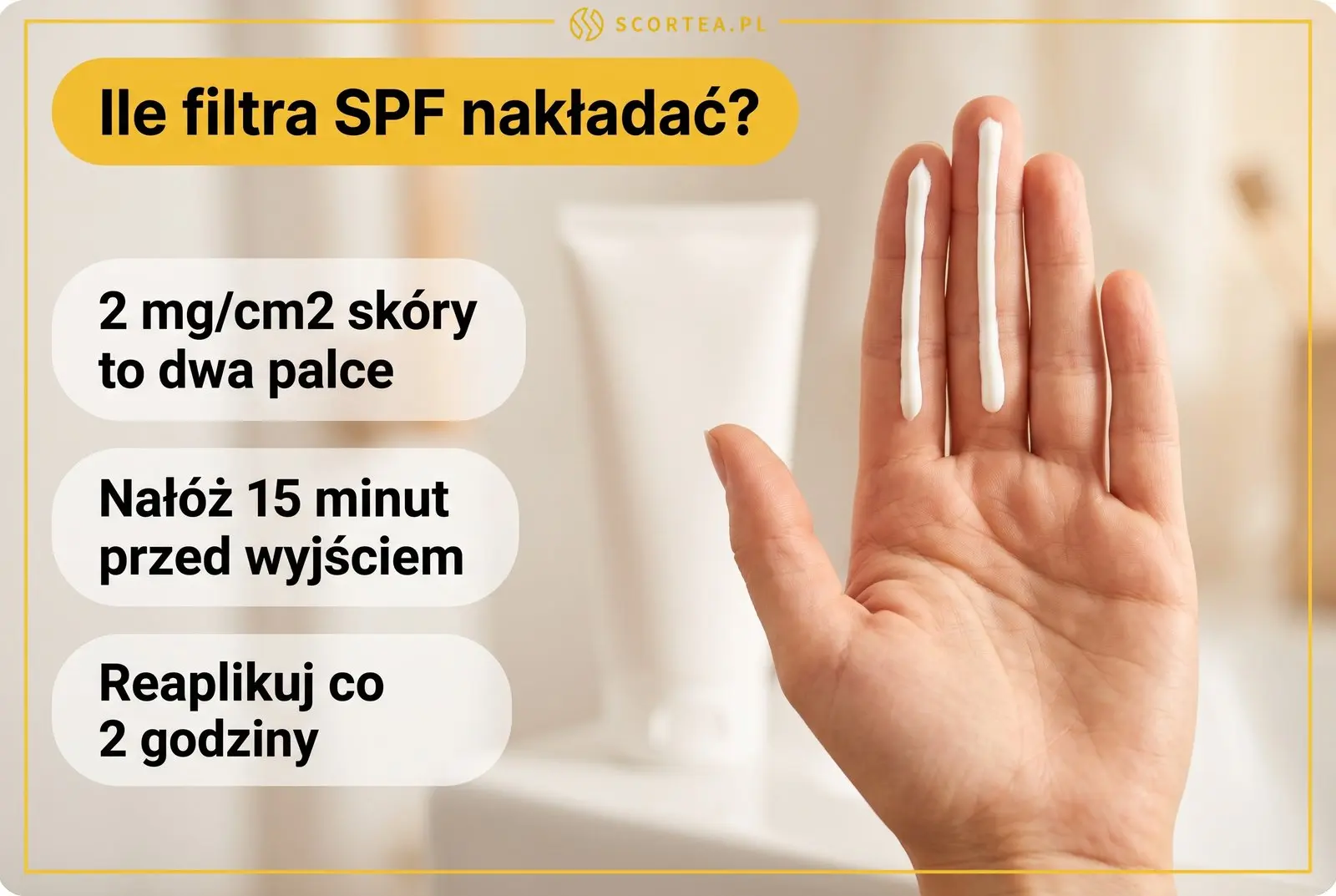 Dłoń z dwoma paskami kremu z filtrem — reguła dwóch palców i zasady stosowania SPF w profilaktyce fotostarzenia skóry.