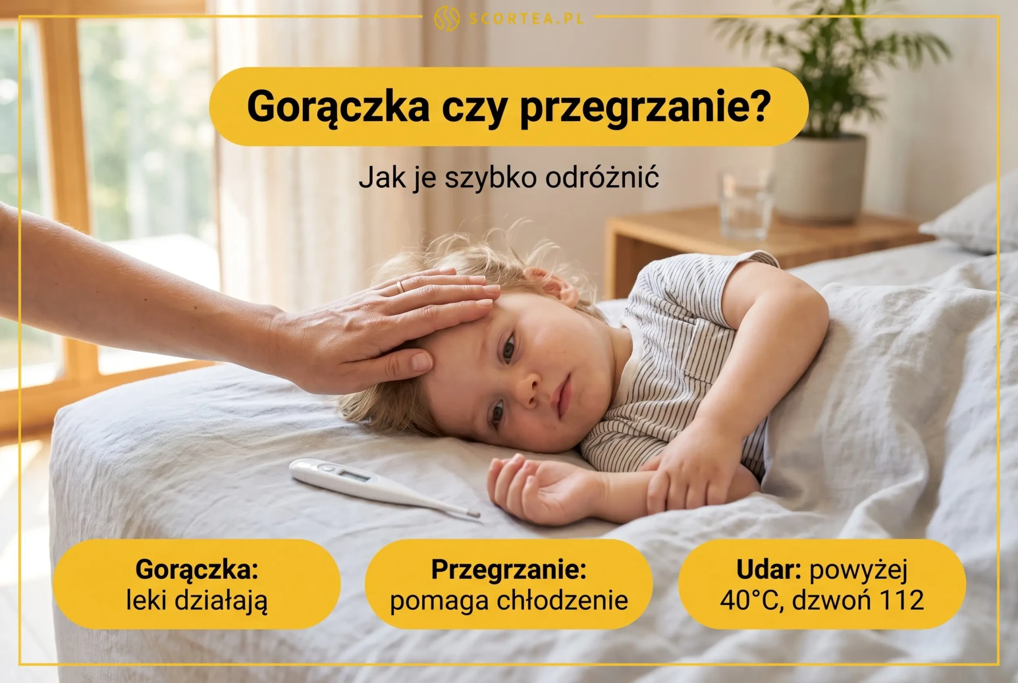Infografika: gorączka czy przegrzanie u dziecka - jak je odróżnić, dłoń na czole dziecka i termometr obok