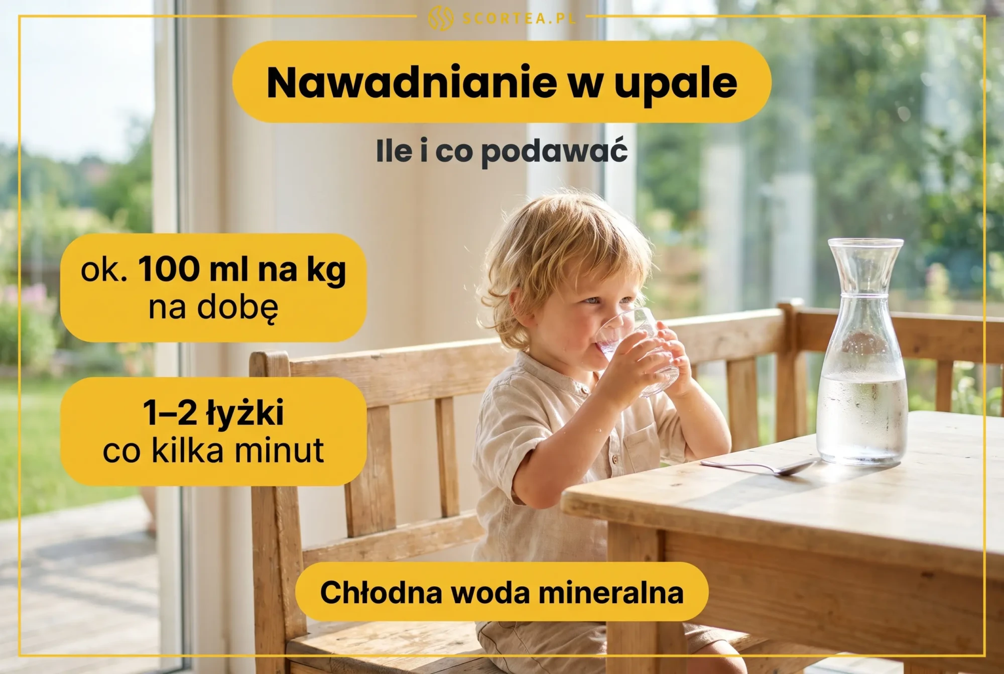 Infografika: nawadnianie dziecka w upale - około 100 ml na kg masy ciała na dobę, małe porcje chłodnej wody mineralnej