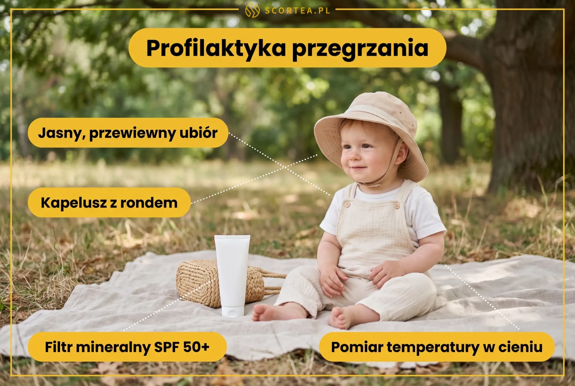 Infografika: profilaktyka przegrzania niemowlęcia - jasny przewiewny ubiór, kapelusz z rondem, filtr mineralny SPF 50+, pomiar temperatury w cieniu