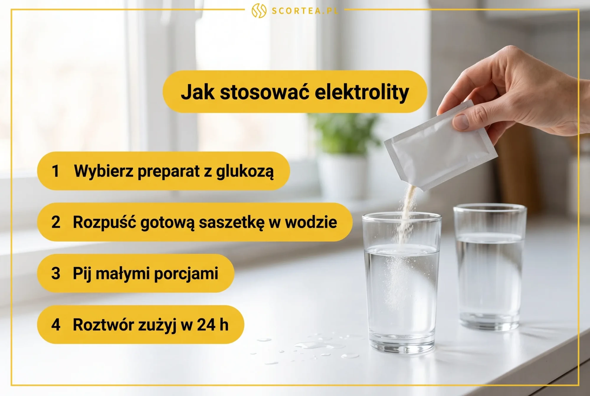 Infografika: jak stosować elektrolity - 4 zasady dawkowania i przygotowania roztworu z saszetki
