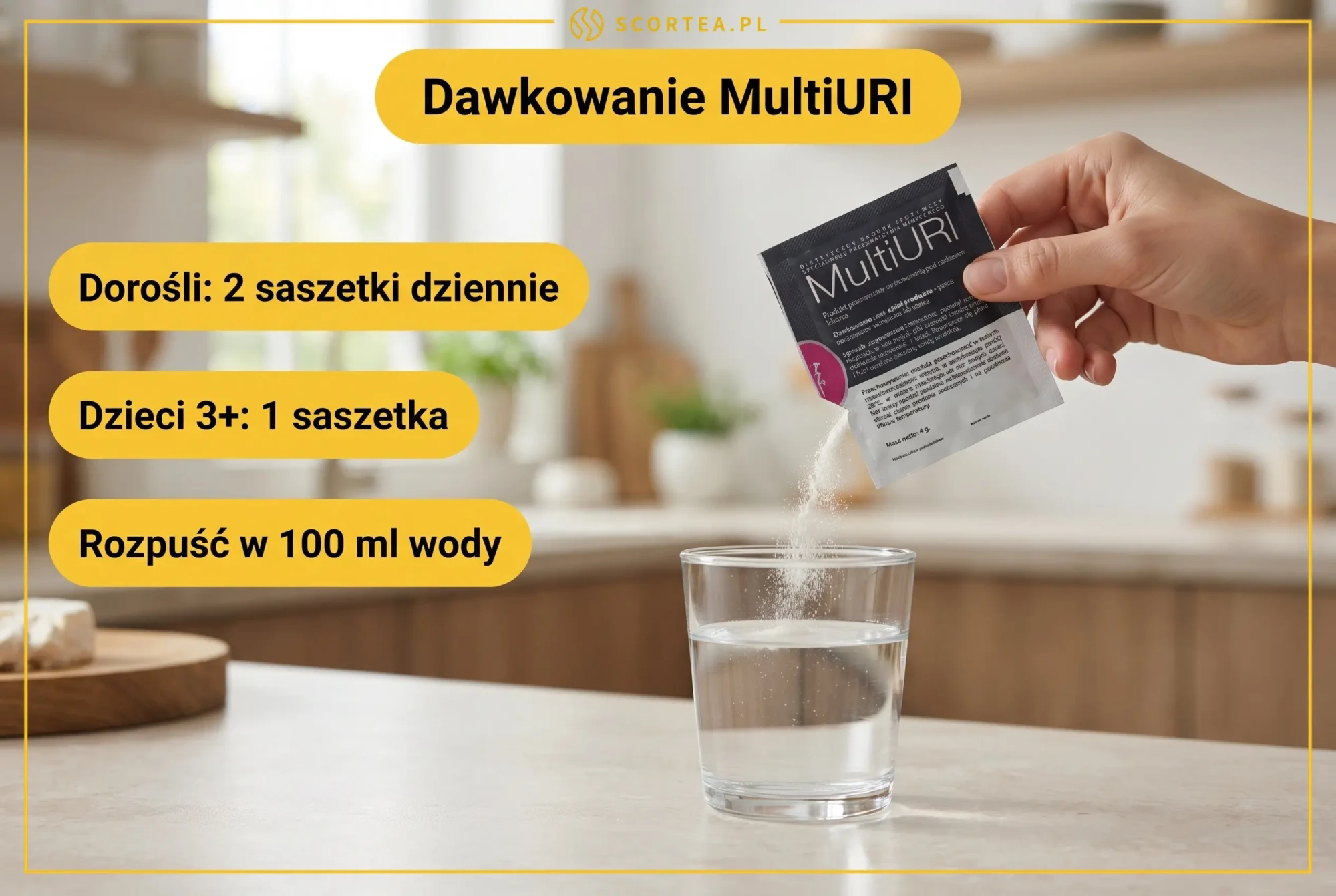 Infografika: dawkowanie MultiURI – dorośli 2 saszetki dziennie, dzieci powyżej 3 lat 1 saszetka, rozpuścić w 100 ml wody.