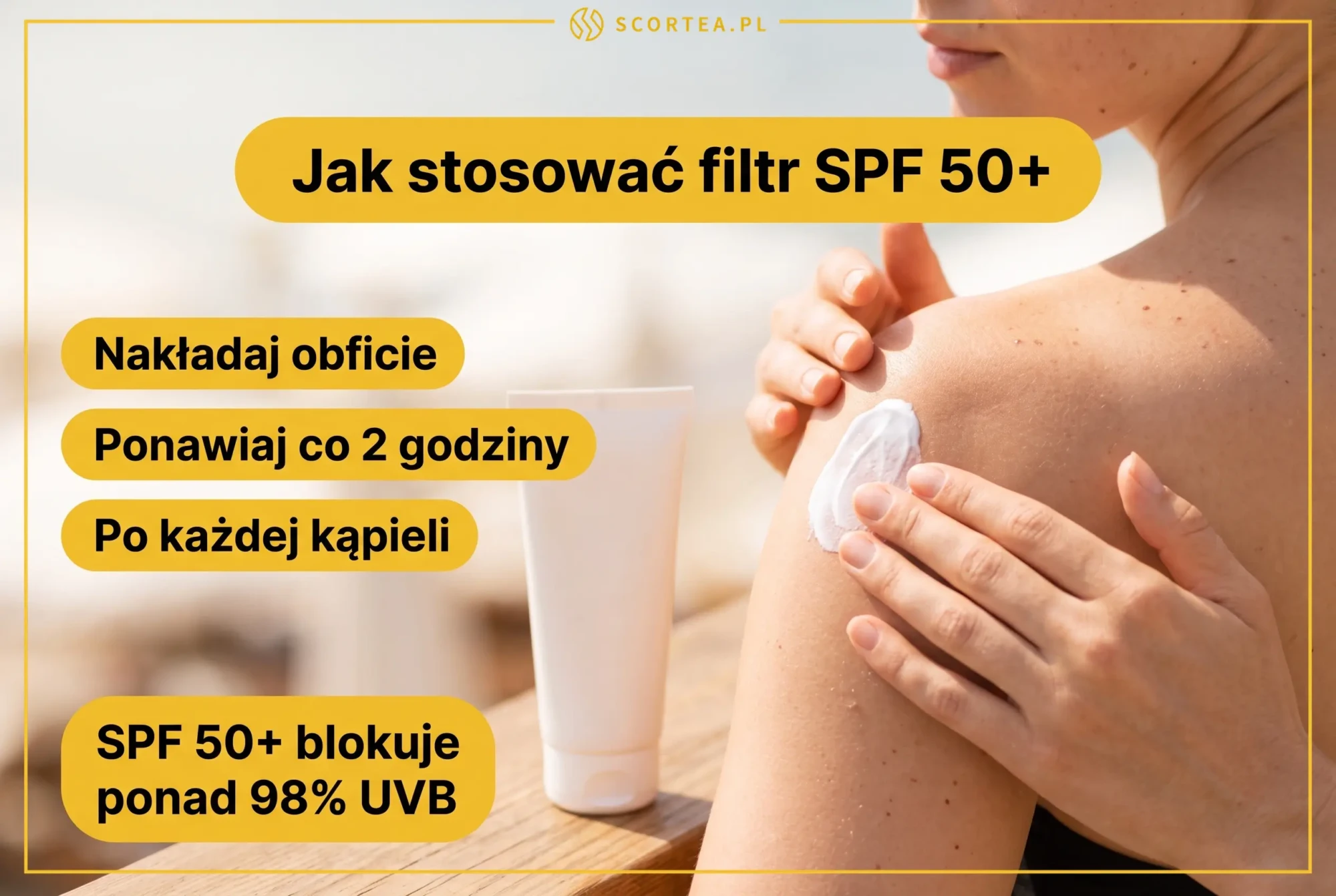 Infografika: jak stosować filtr SPF 50+ - nakładaj obficie, ponawiaj co 2 godziny, po każdej kąpieli