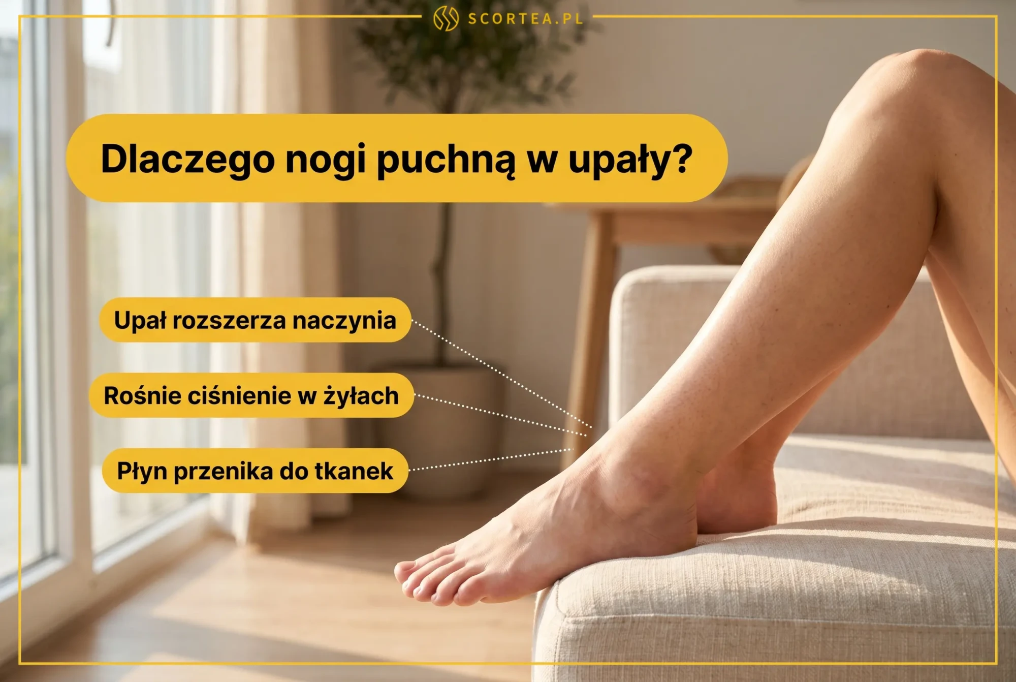 Infografika wyjaśniająca, dlaczego nogi puchną w upały: upał rozszerza naczynia krwionośne, rośnie ciśnienie w żyłach, a płyn przenika do tkanek.