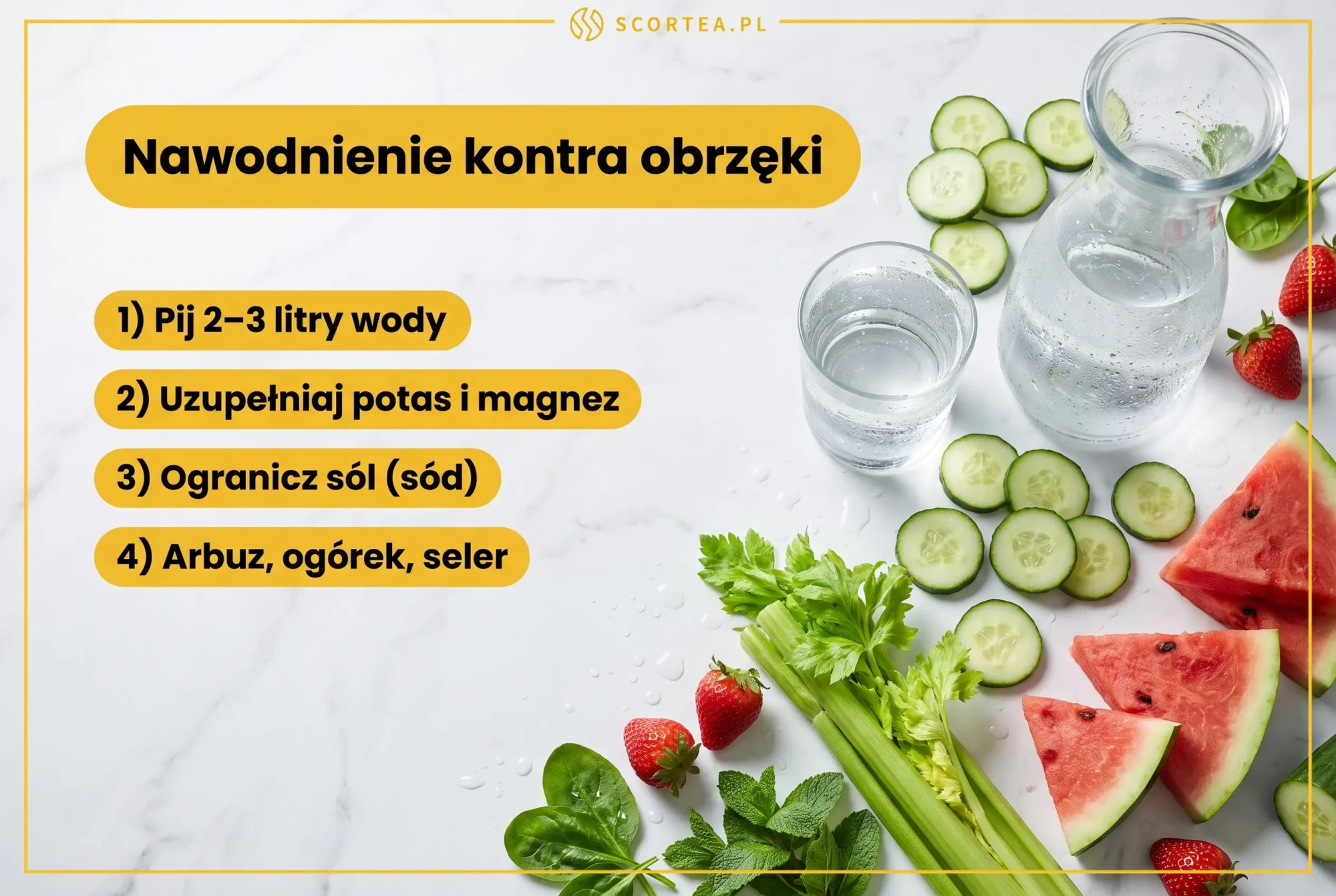 Nawodnienie i dieta przeciw obrzękom nóg: picie 2-3 litrów wody, uzupełnianie potasu i magnezu, ograniczenie soli oraz arbuz, ogórek i seler.