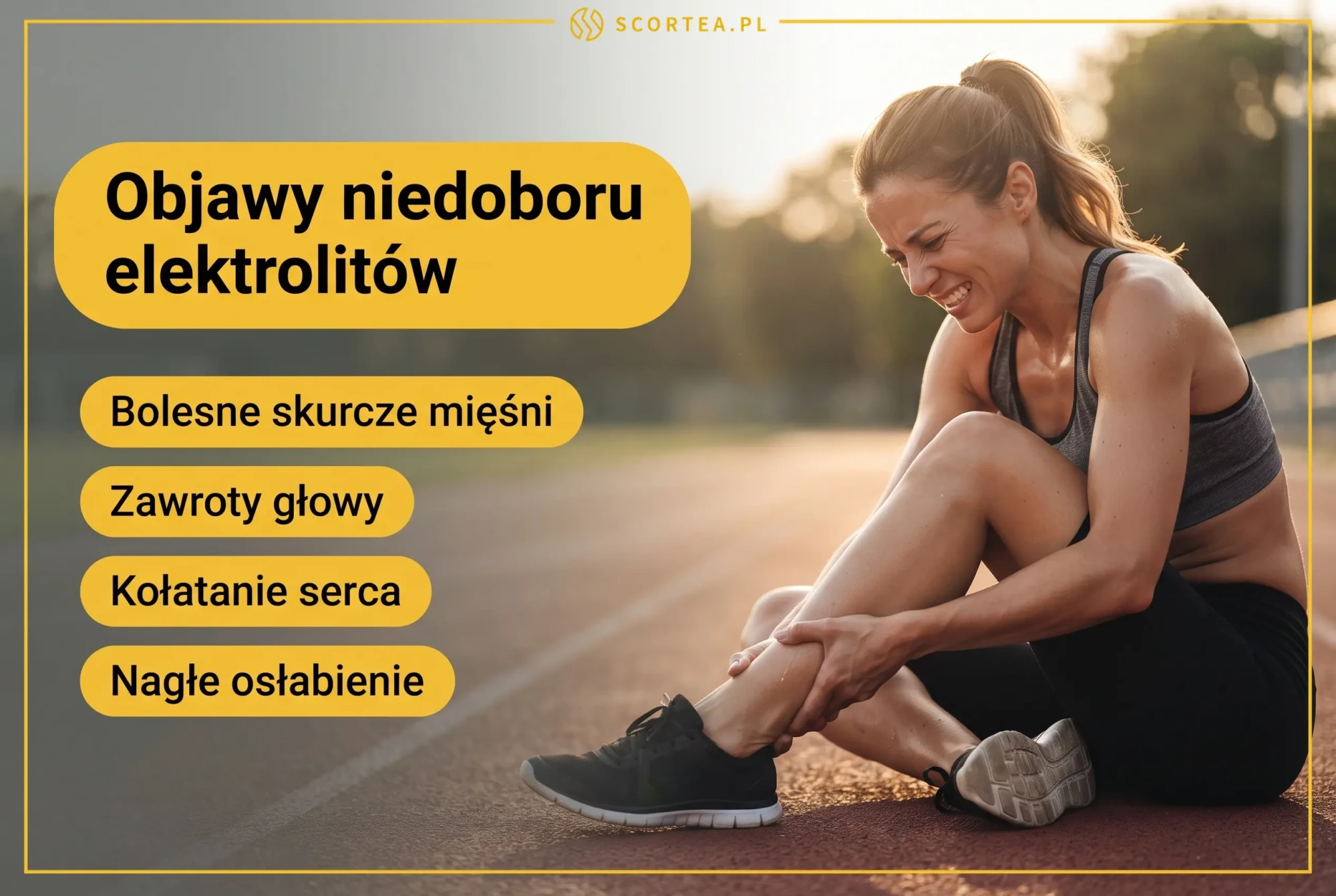 Infografika Scortea: objawy niedoboru elektrolitów, biegaczka na bieżni trzymająca łydkę ze skurczem, bolesne skurcze mięśni, zawroty głowy, kołatanie serca i nagłe osłabienie