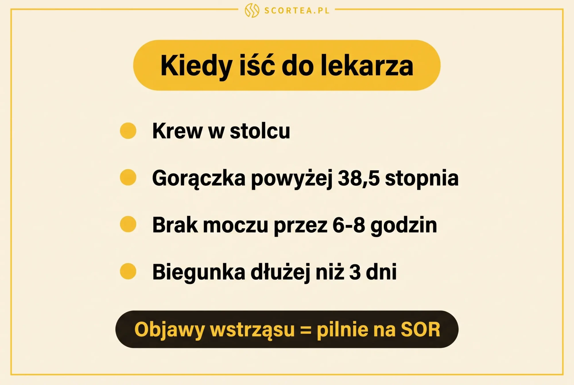 Czerwone flagi przy biegunce: krew w stolcu, gorączka powyżej 38,5 stopnia, brak moczu przez 6-8 godzin i biegunka dłużej niż 3 dni