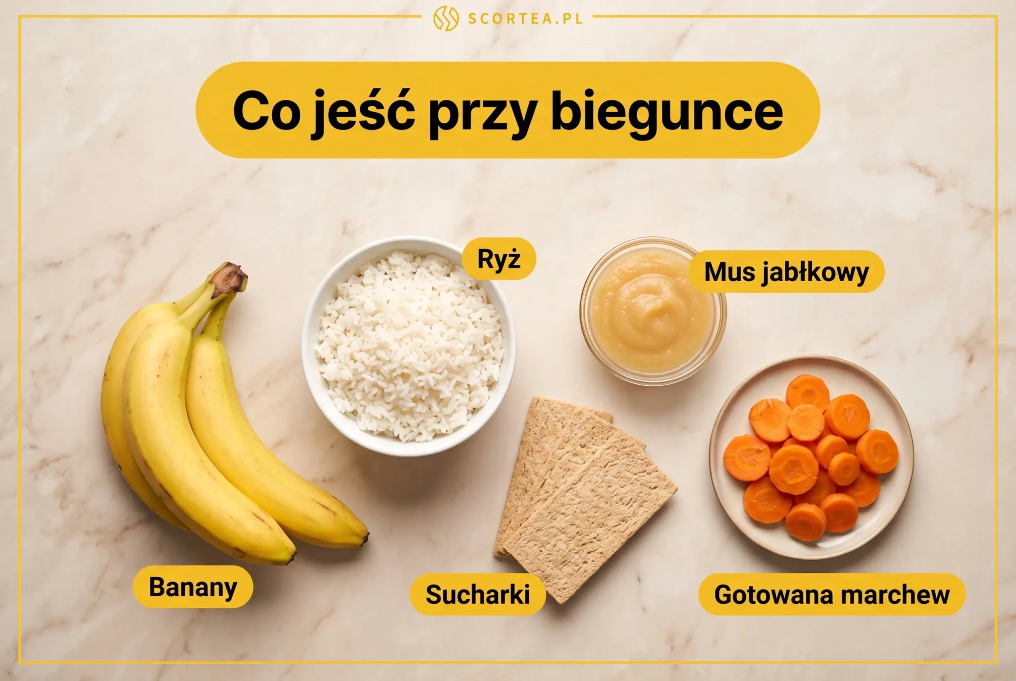 Produkty diety lekkostrawnej przy biegunce: banany, ryż, mus jabłkowy, sucharki i gotowana marchew