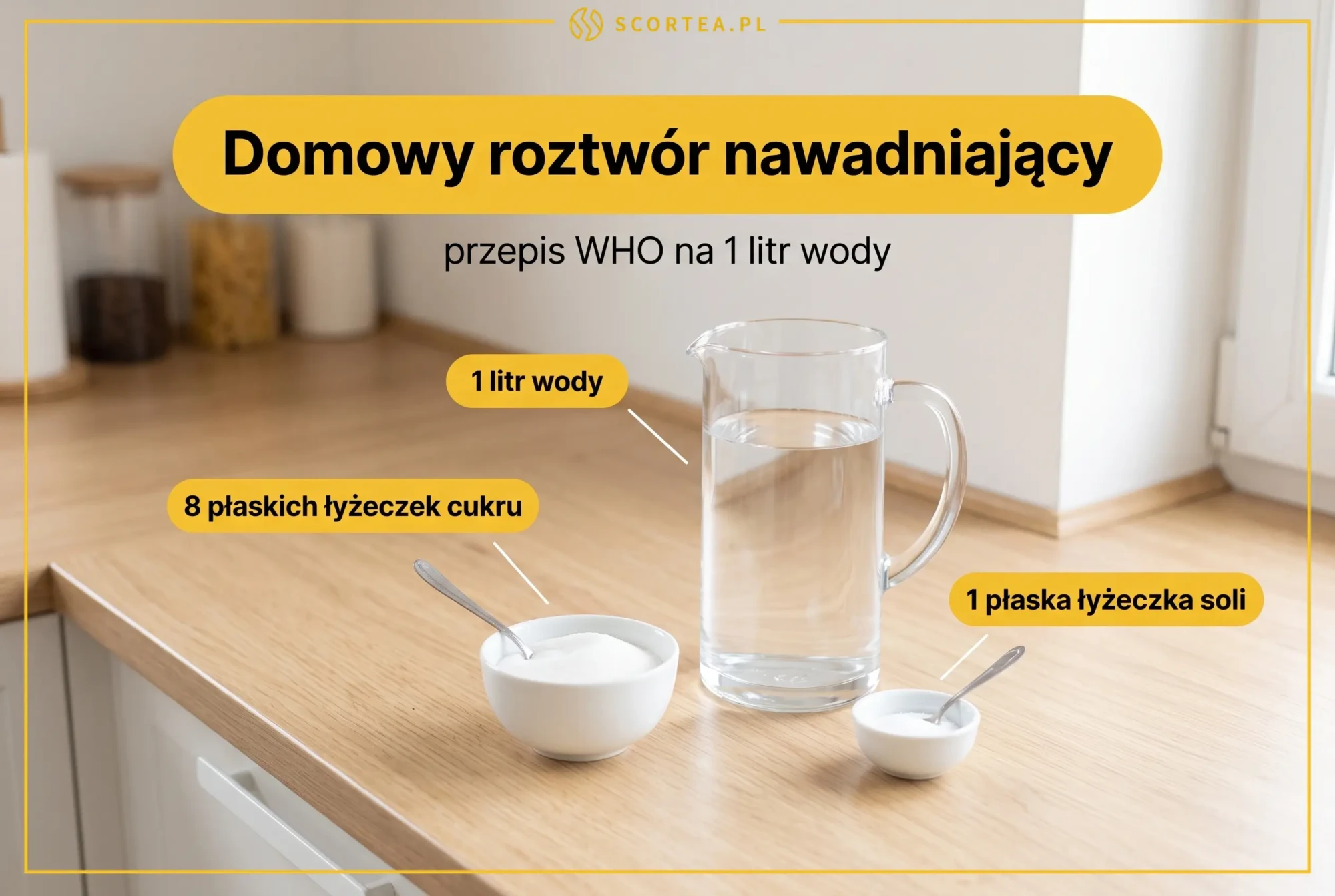 Domowy roztwór nawadniający ORS według WHO: 1 litr wody, 8 łyżeczek cukru i 1 łyżeczka soli na kuchennym blacie